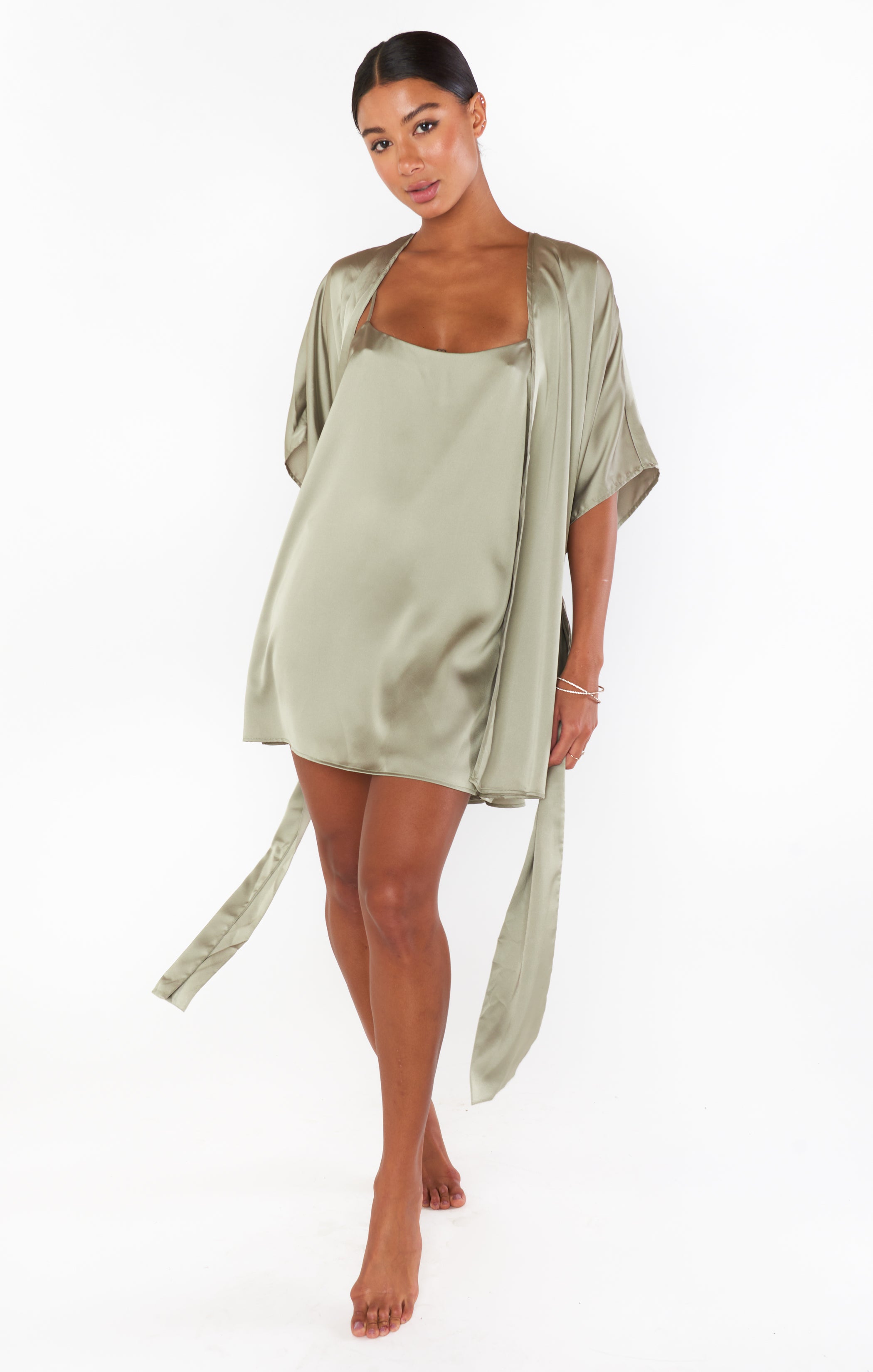 Luxe Satin Bridal Robe in Moss Green | First Look