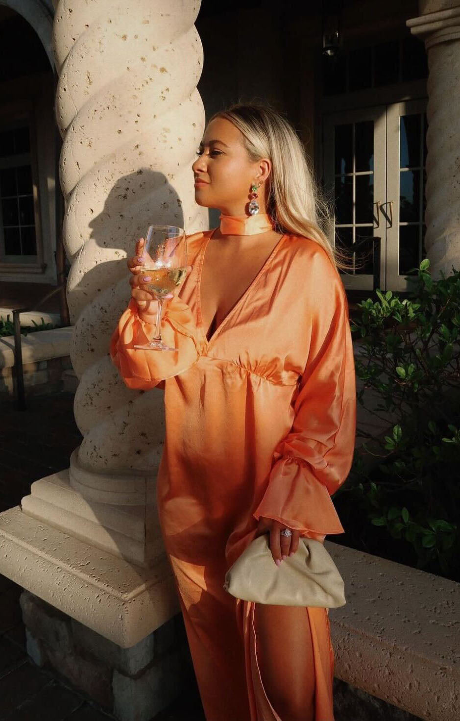 Luxe Satin Maxi Dress with V-Neck & Scarf | Thalia Cantaloupe