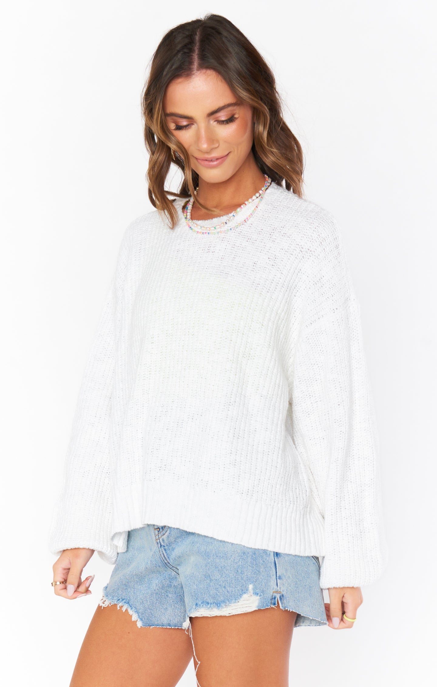 White Knit Sweater with Cuffed Sleeves & Crew Neck | Pismo