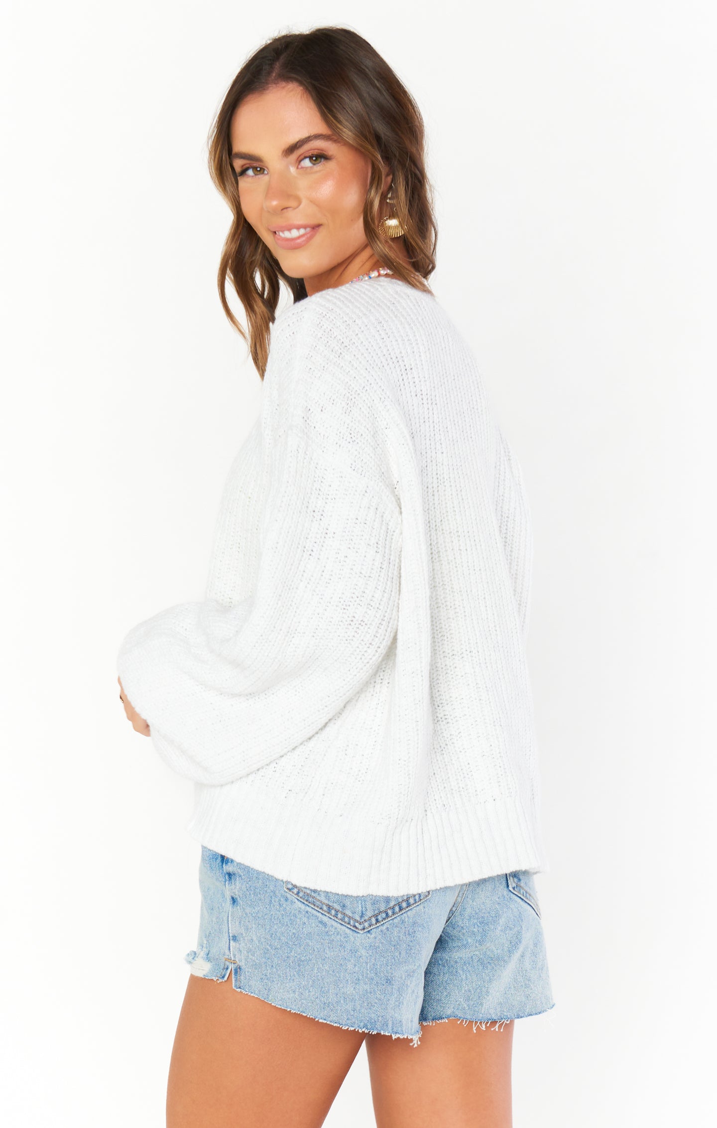 White Knit Sweater with Cuffed Sleeves & Crew Neck | Pismo