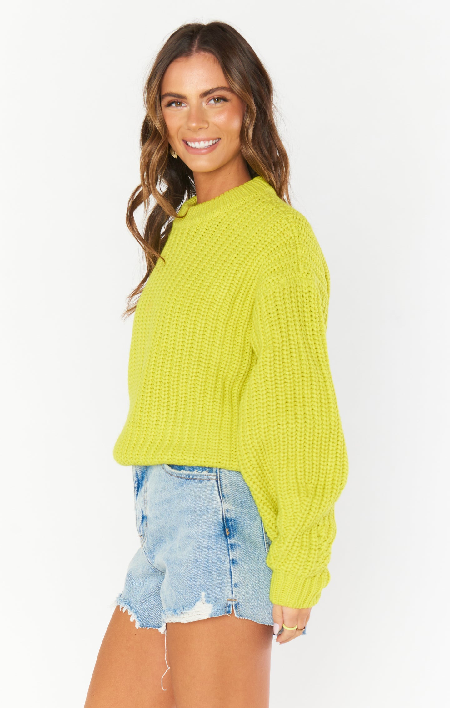 Lime Knit Sweater with Bishop Sleeves & Ribbed Texture | Bailey