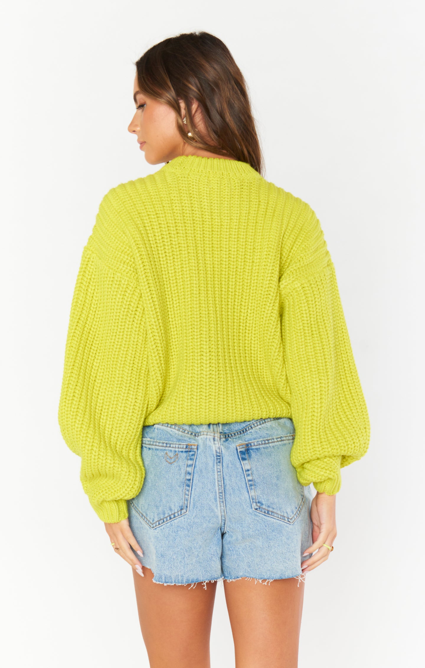 Lime Knit Sweater with Bishop Sleeves & Ribbed Texture | Bailey