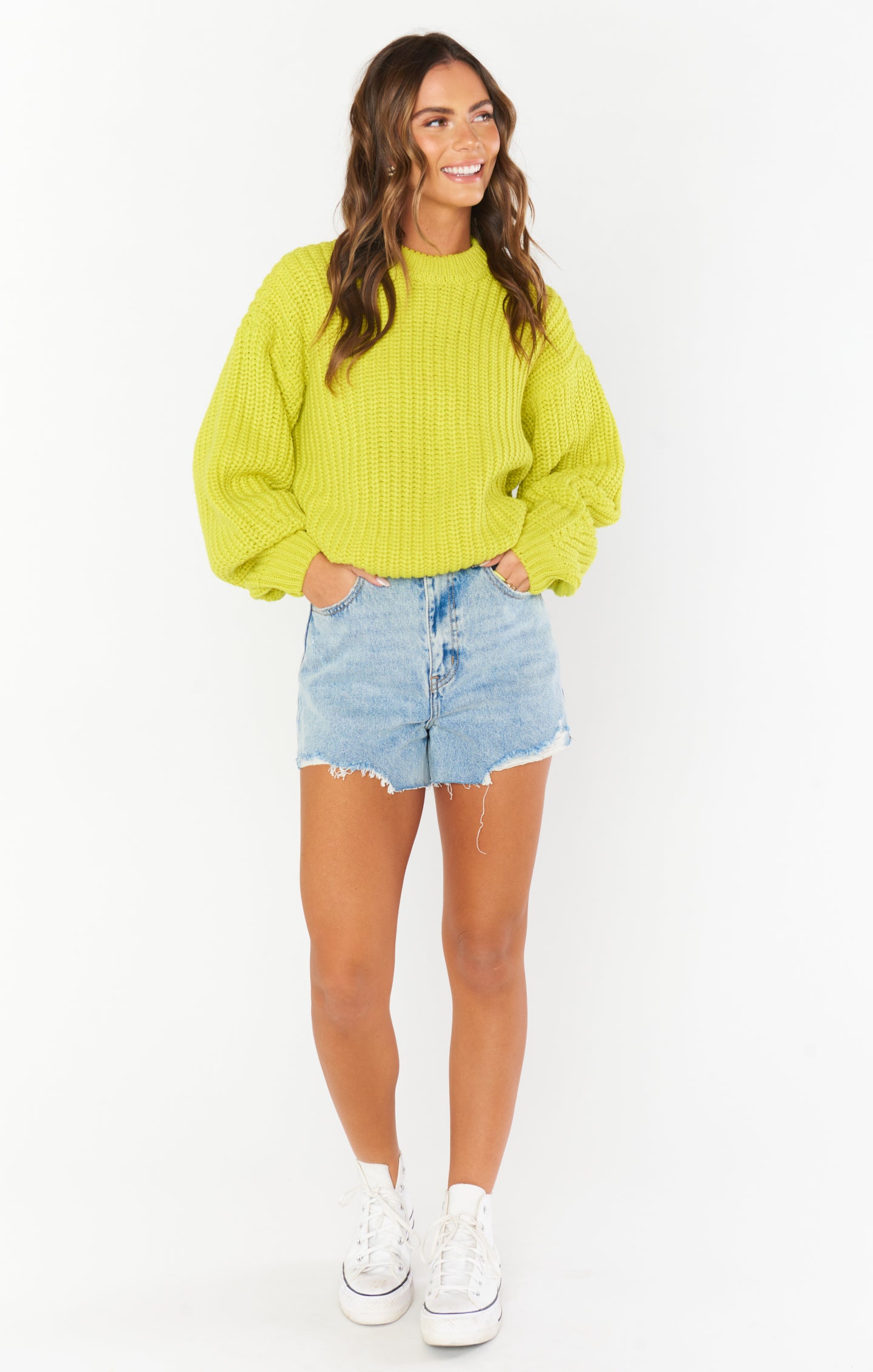 Lime Knit Sweater with Bishop Sleeves & Ribbed Texture | Bailey