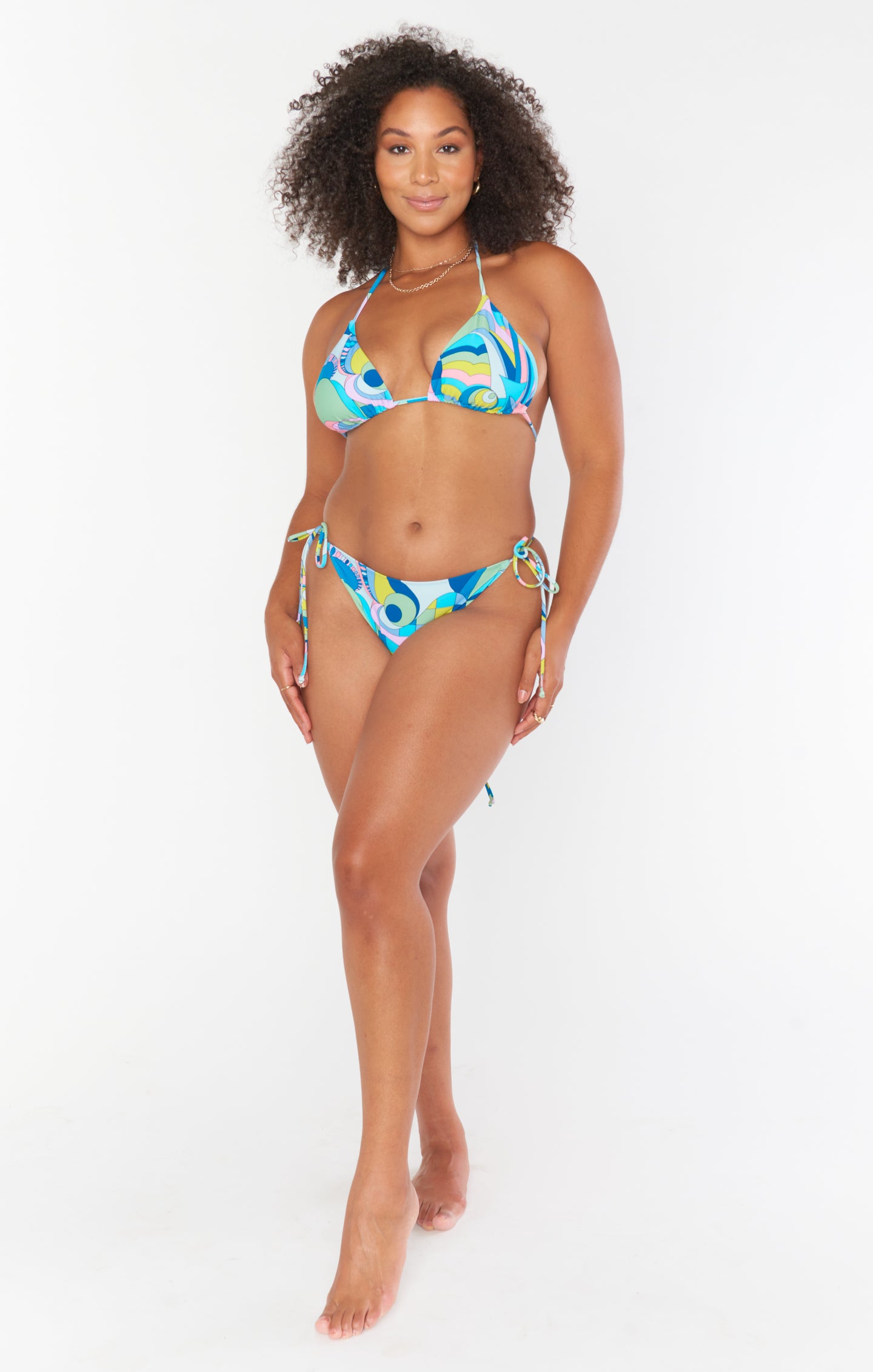 Retro Blue Print Bikini Top with Strappy Tie Waist | Swell Top