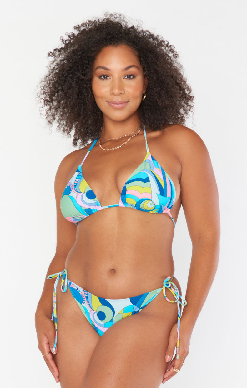 Retro Blue Print Bikini Top with Strappy Tie Waist | Swell Top