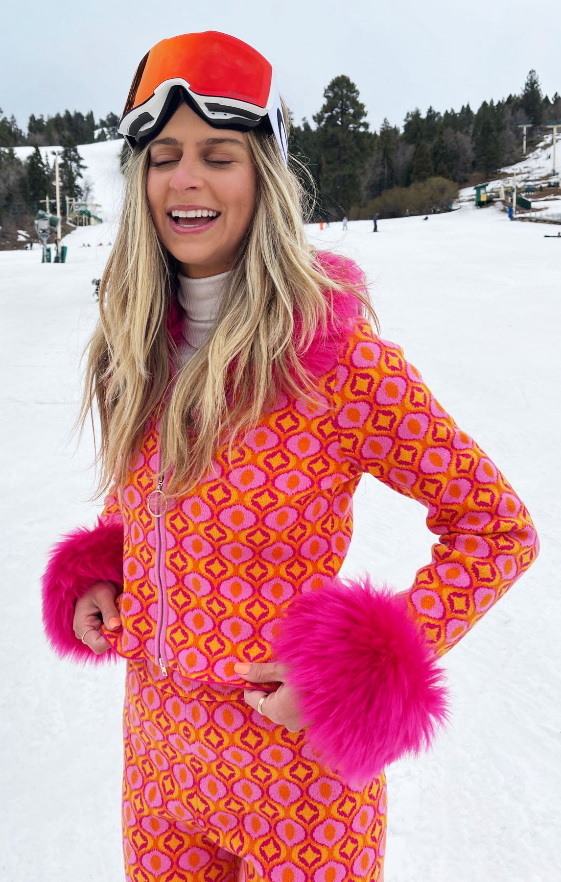Pink Geo Jacquard Zip Up Sweater with Faux Fur Collar | Zermatt