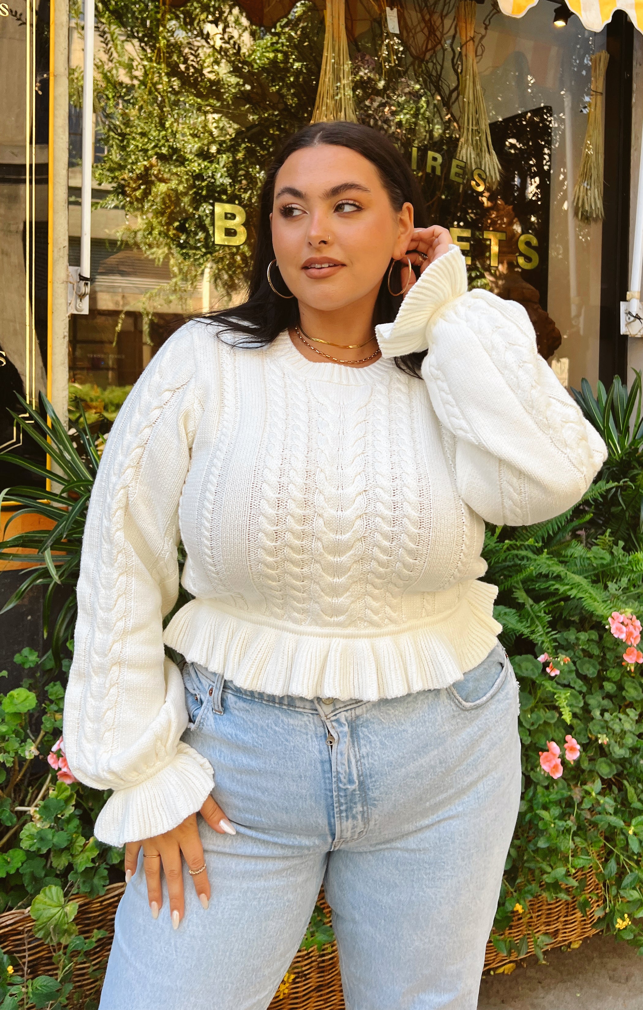 Cream Cable Knit Sweater with Ruffles & Balloon Sleeves | Ridley