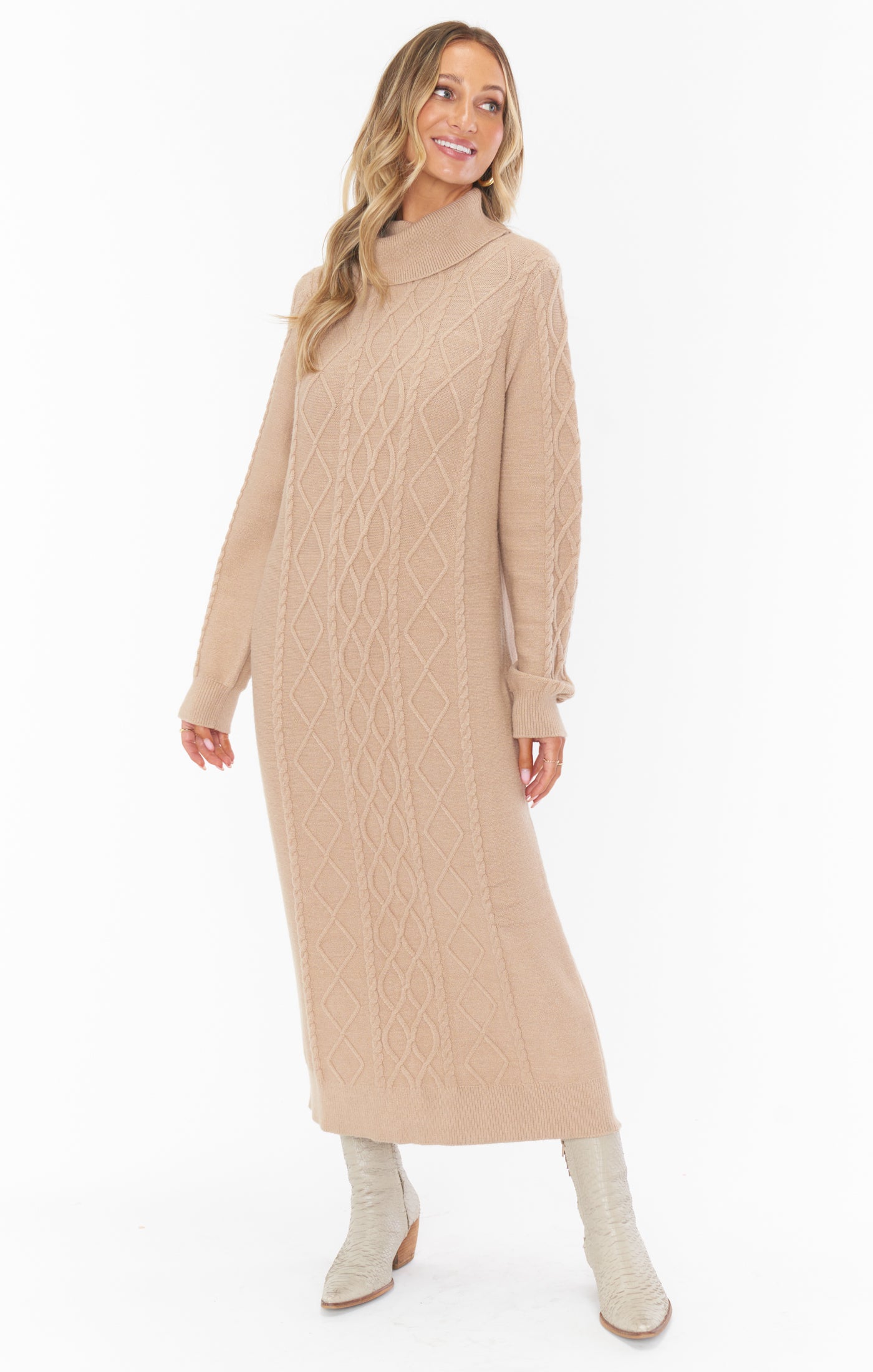 Cable Knit Midi Dress with Turtleneck & Drop Shoulders | Montreal