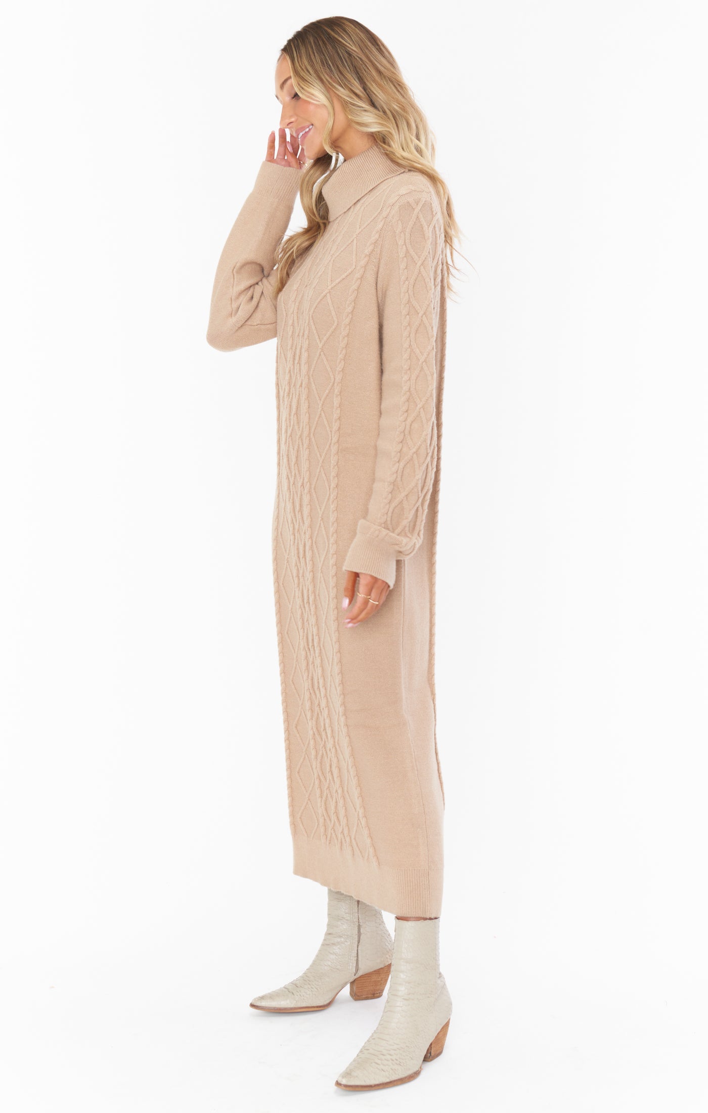 Cable Knit Midi Dress with Turtleneck & Drop Shoulders | Montreal