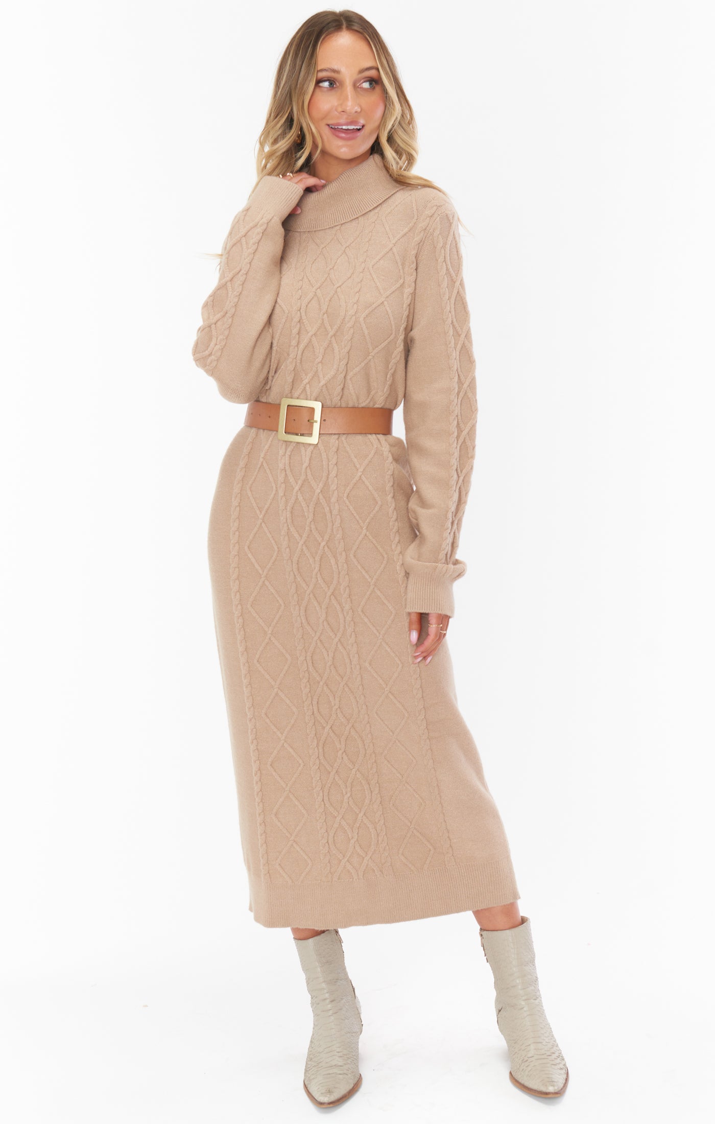 Cable Knit Midi Dress with Turtleneck & Drop Shoulders | Montreal