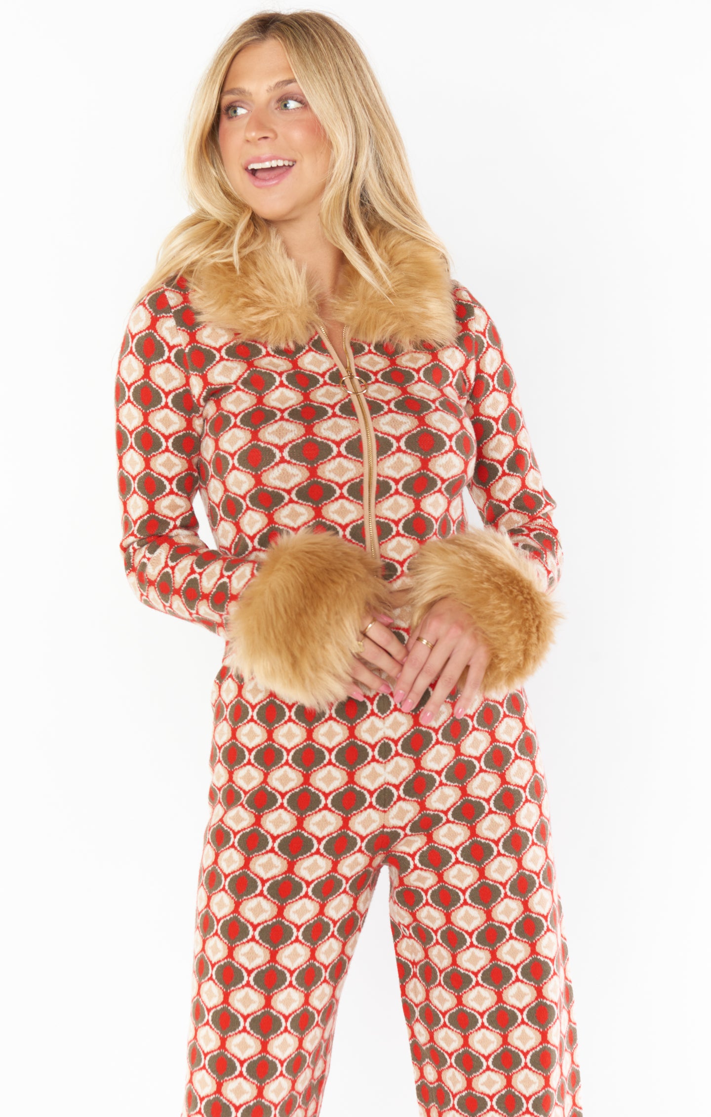 Brown Geo Jacquard Zip-Up Sweater with Fur Collar | Zermatt