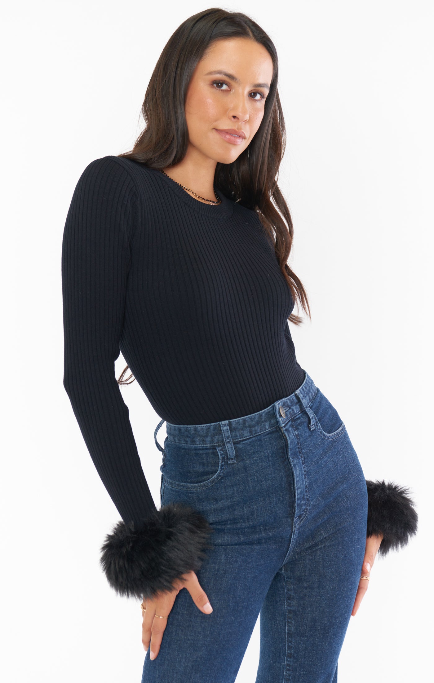 Black Knit Top with Faux Fur Cuffs | Fran Long Sleeve