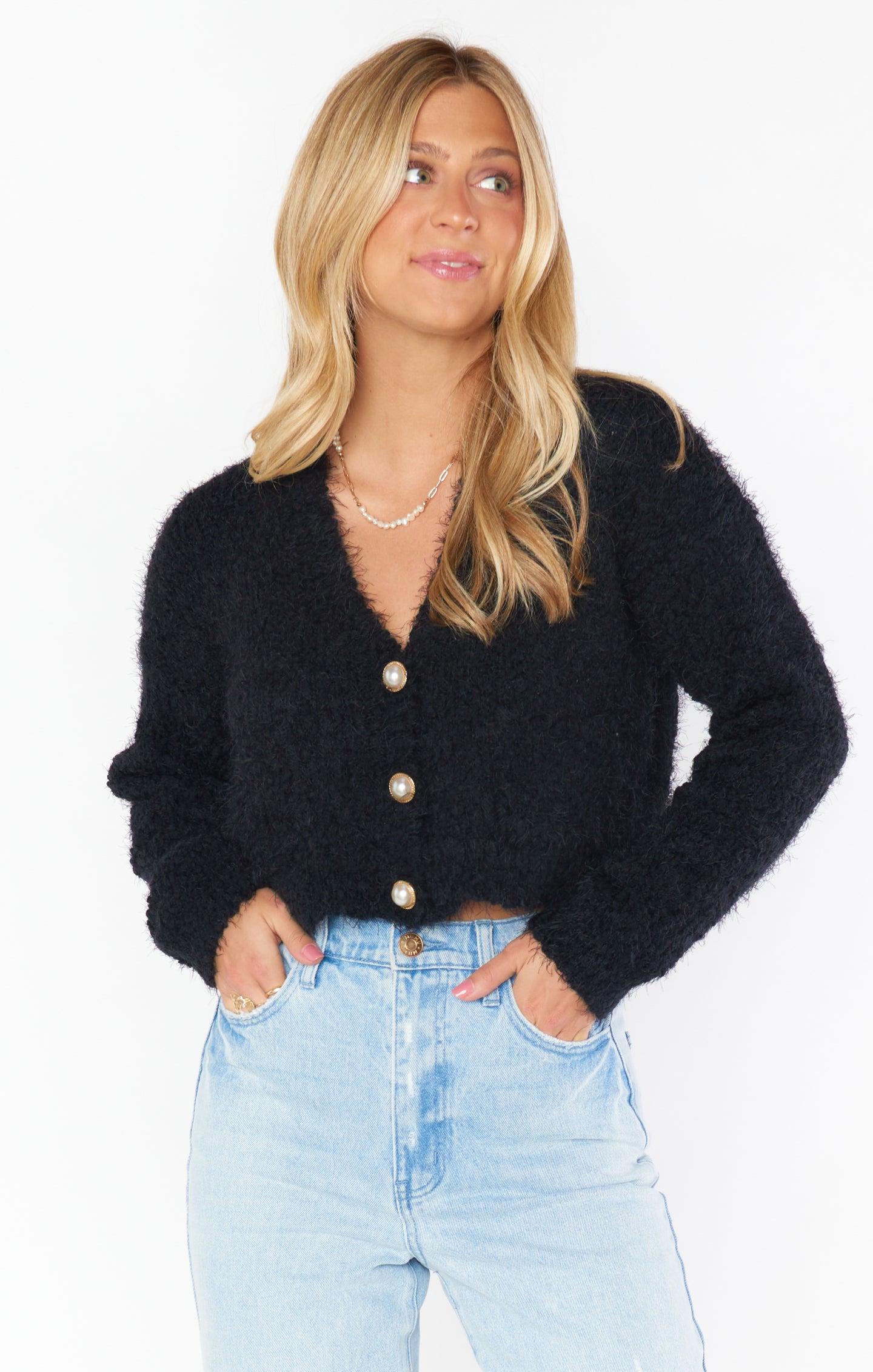 Black Fuzzy Knit Cardigan with Pearl Buttons | Tea Time Cardi
