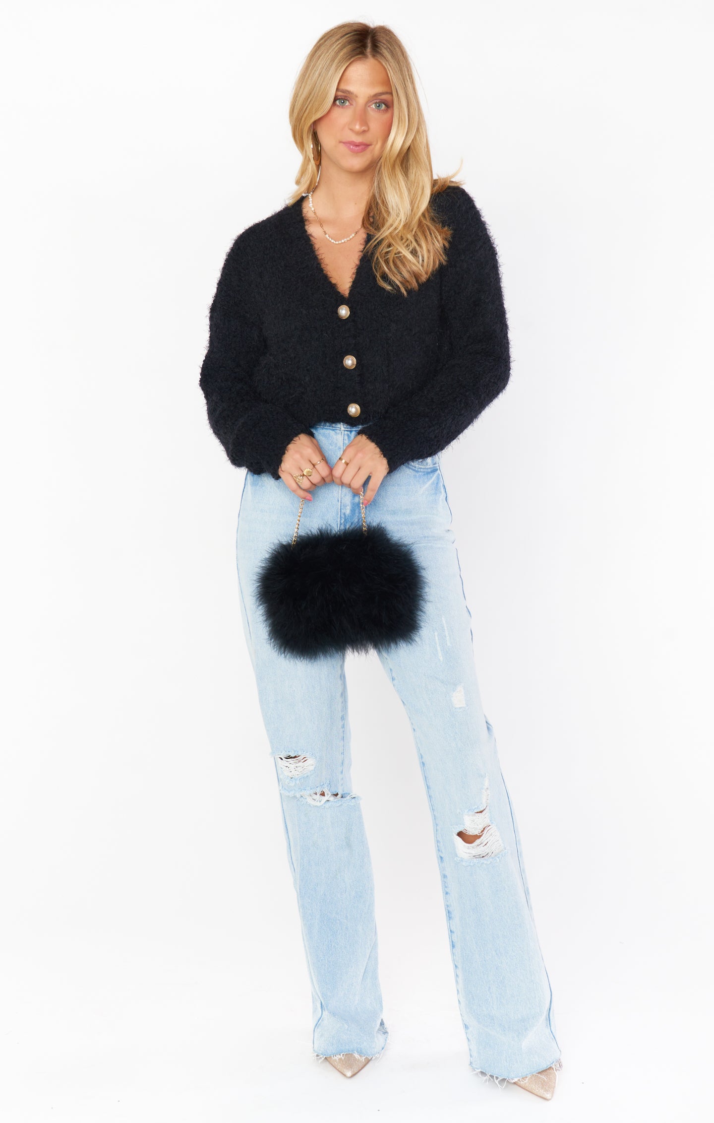 Black Fuzzy Knit Cardigan with Pearl Buttons | Tea Time Cardi