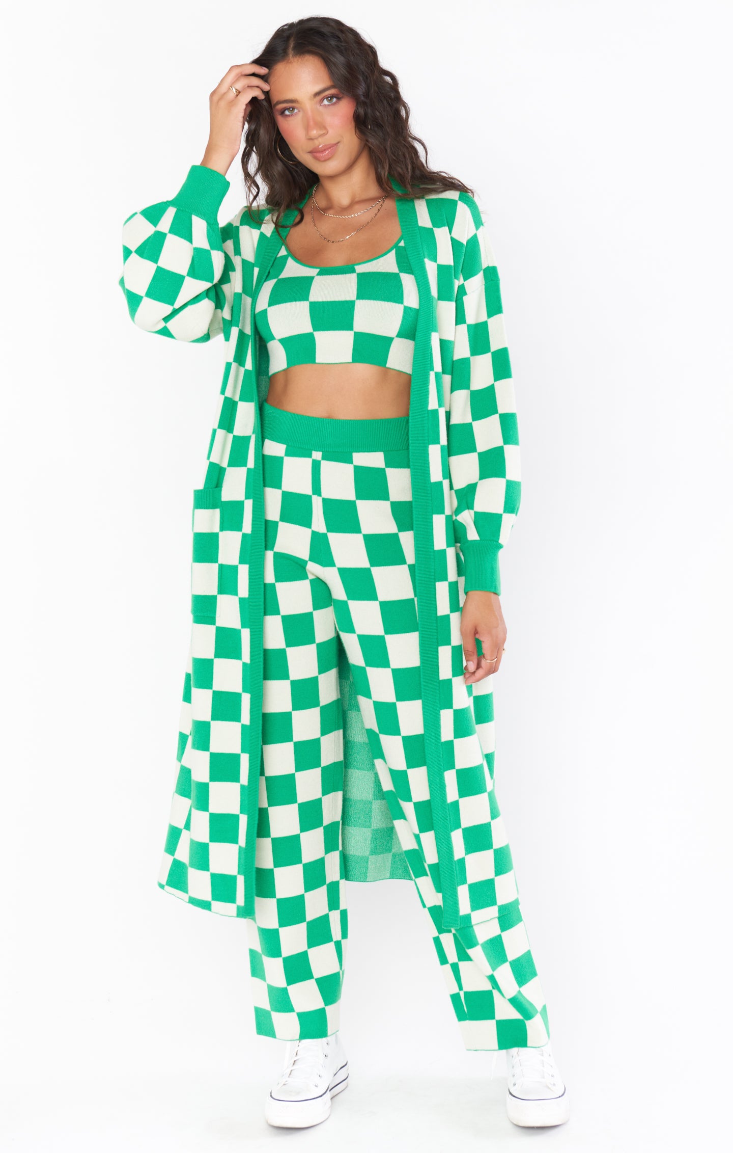 Longline Checkered Knit Cardigan with Pockets & Lantern Sleeves