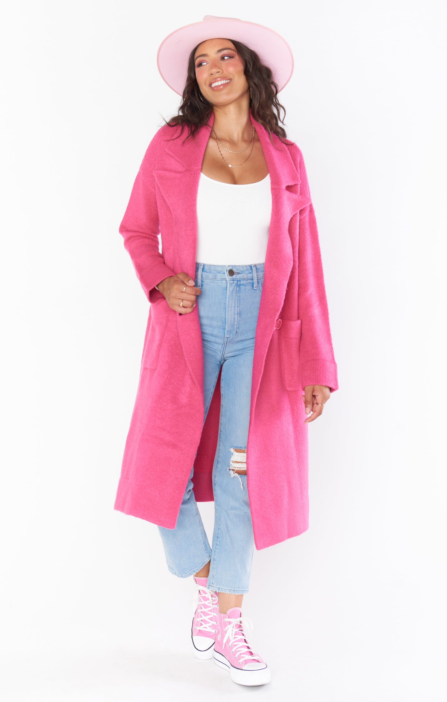 Oversized Knit Sweater Jacket with Front Pockets | Melrose Hot Pink