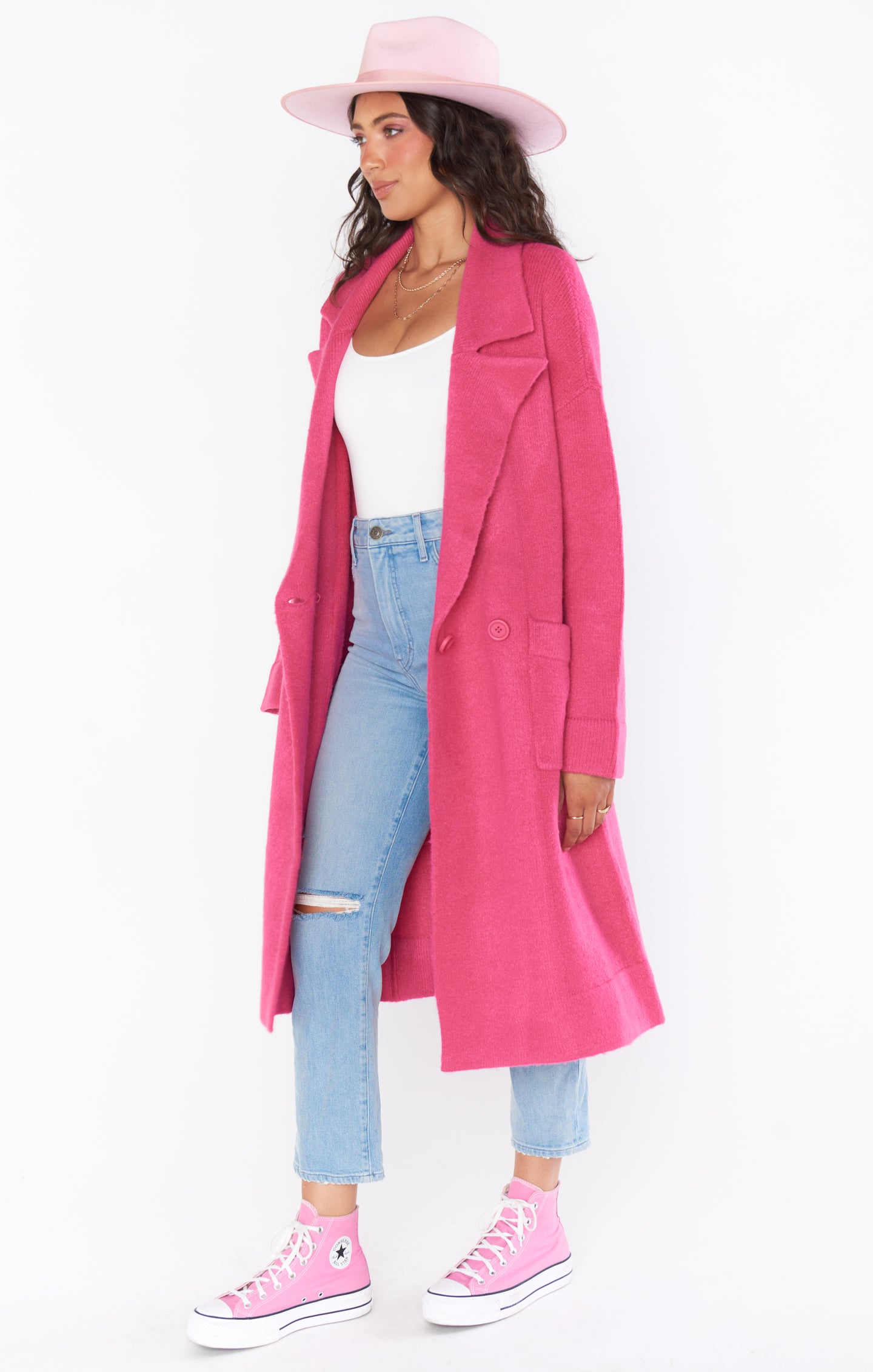 Oversized Knit Sweater Jacket with Front Pockets | Melrose Hot Pink