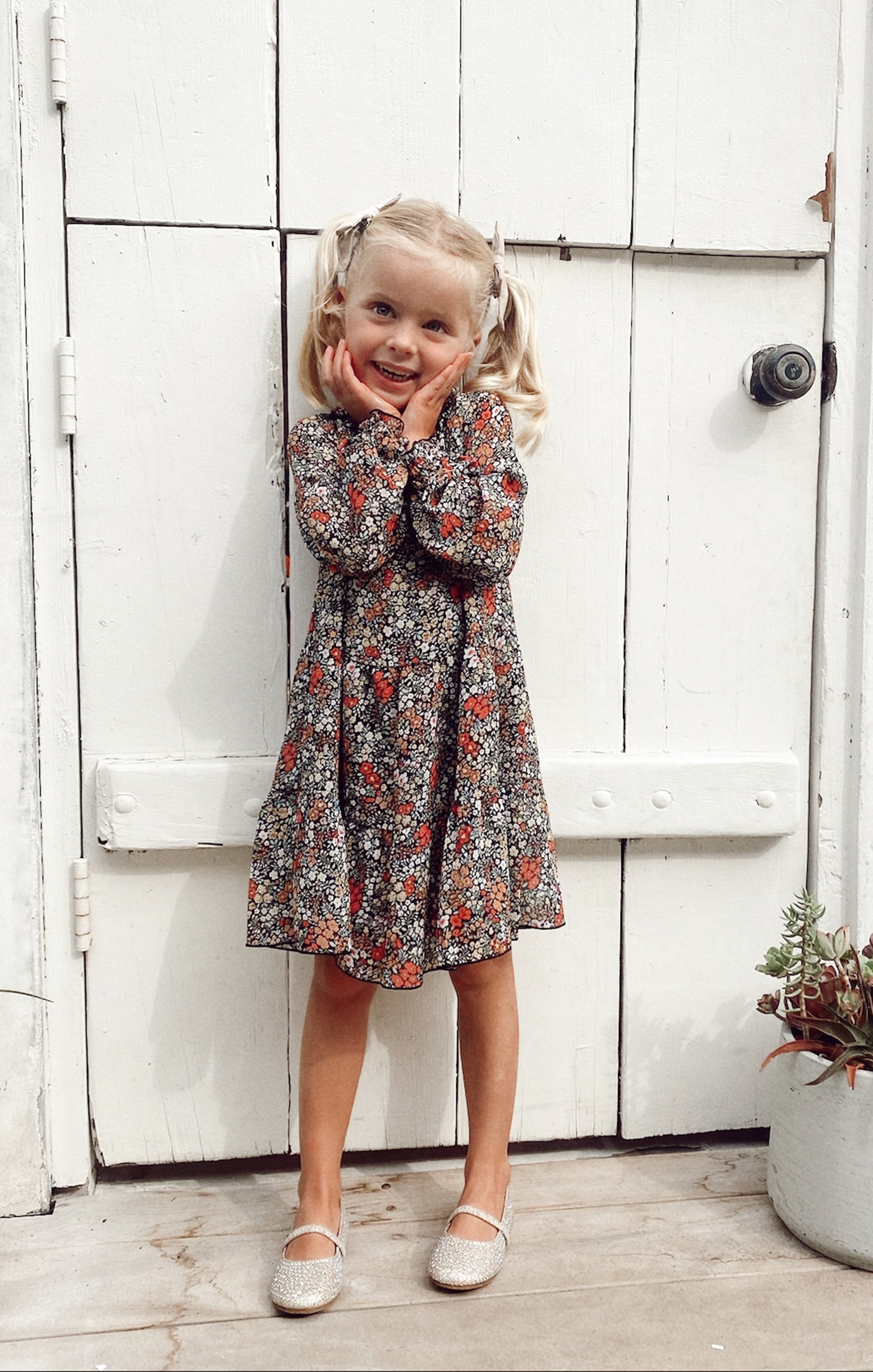 Black Floral Little Birdie Dress for Girls | Long Poof Sleeves & Tiered Skirt