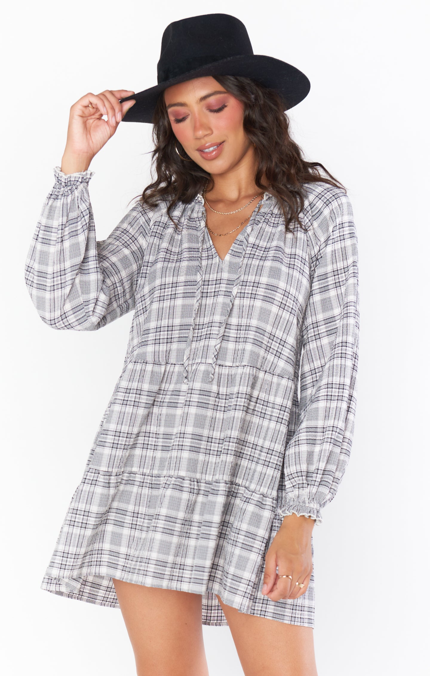 Windowpane Plaid Mini Dress with V-Neck & Ties | Birdie