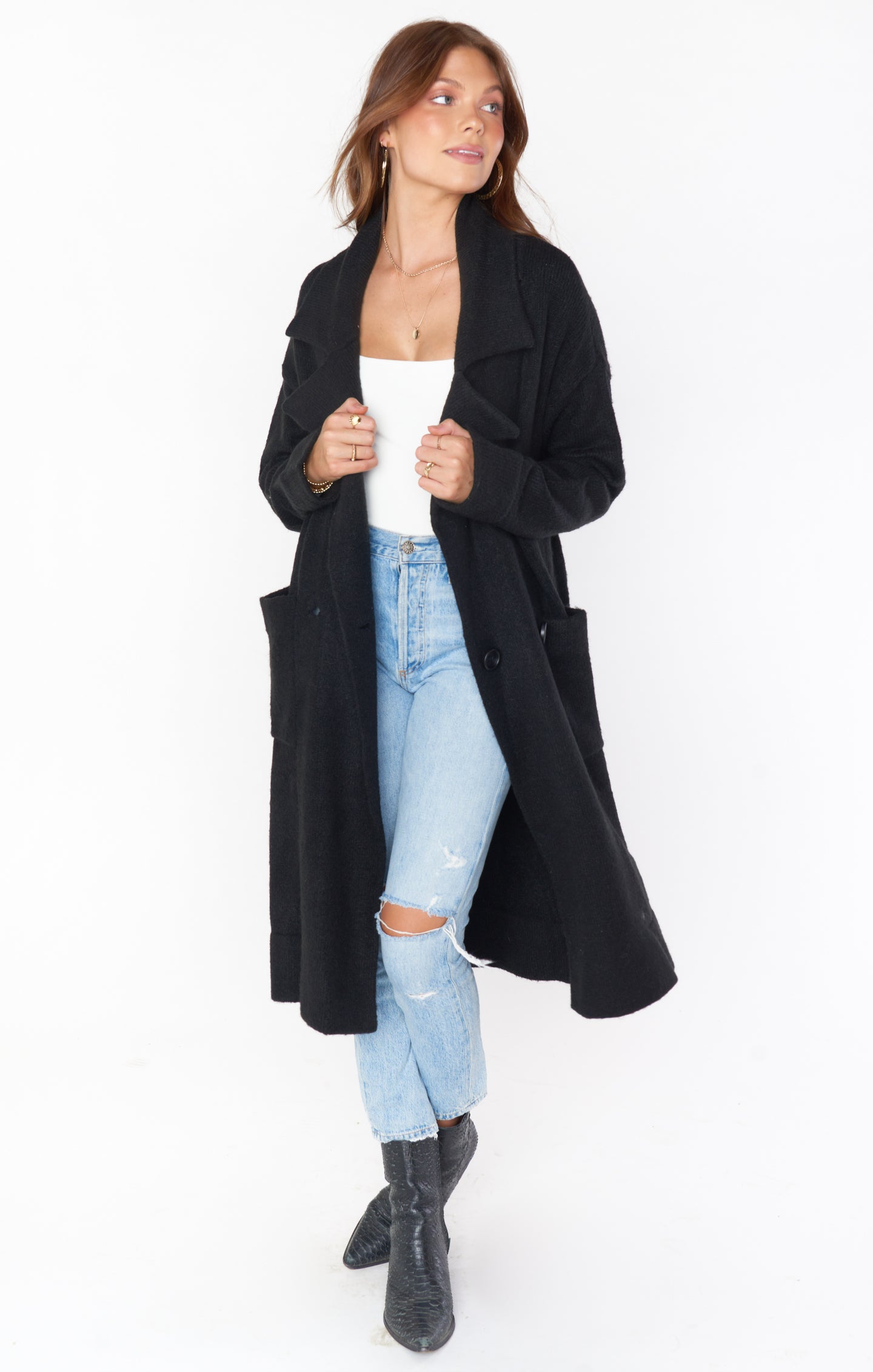 Oversized Knit Sweater Jacket with Front Pockets | Melrose Black