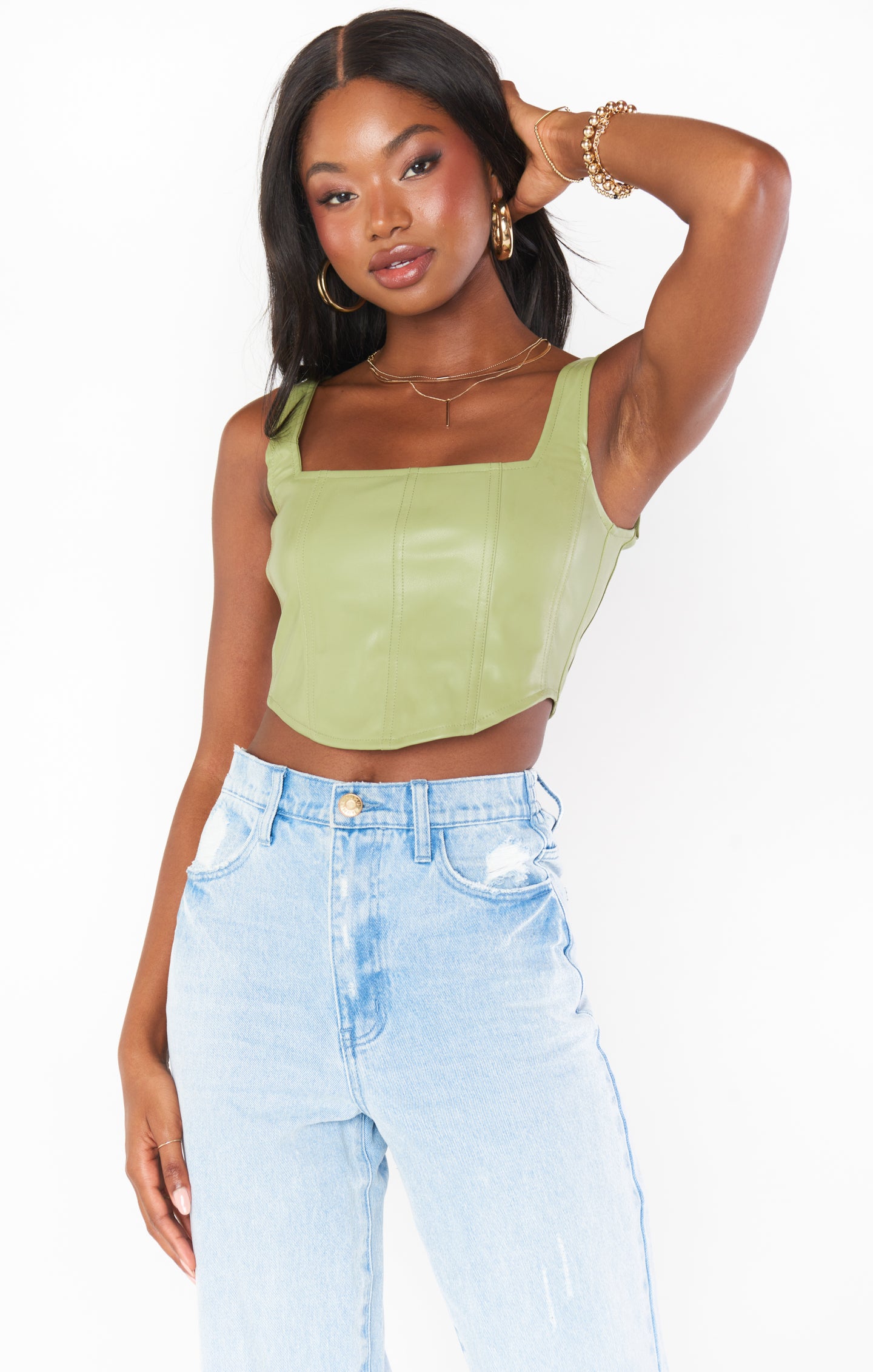 Faux Leather Corset Top for Women | Sage Green Style
