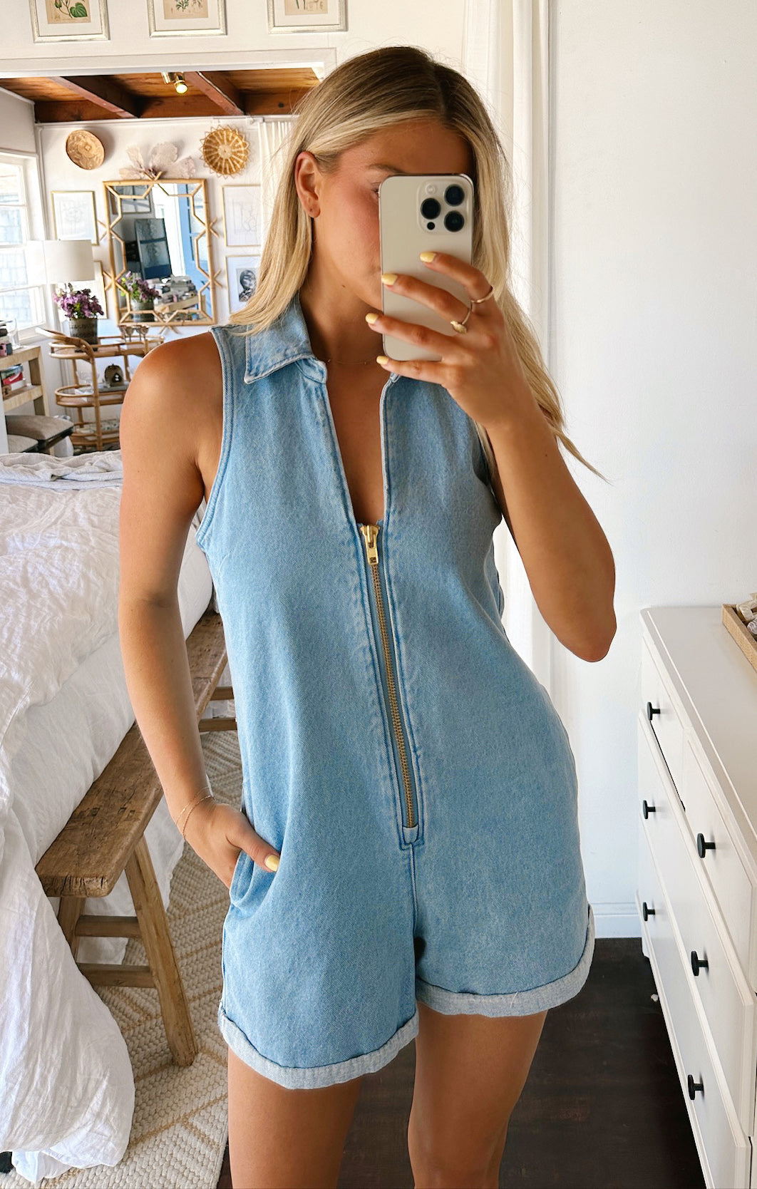 Denim Romper with Zip-Up Front & Relaxed Fit | Reno Blue Stream