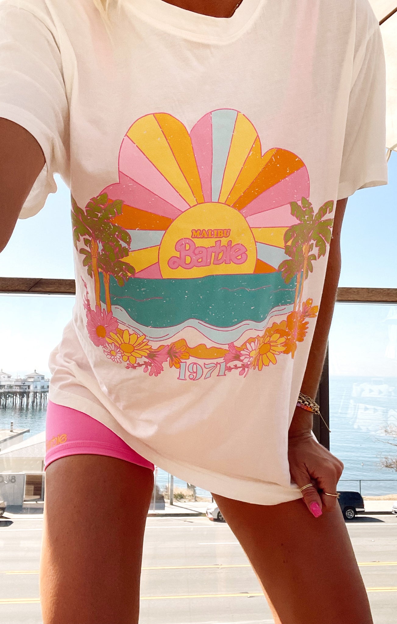 Oversized White Tee with Malibu Barbie Graphic | Point Dune