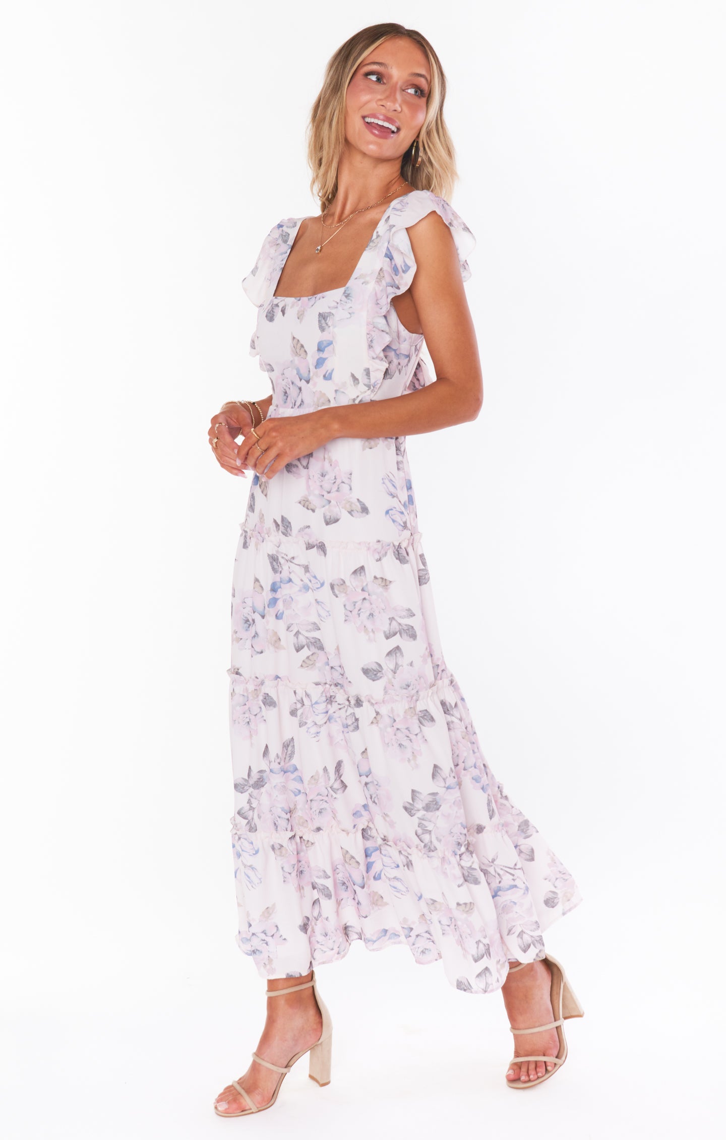Floral Midi Dress with Ruffled Sleeves & Bow Back | Everlasting Rose