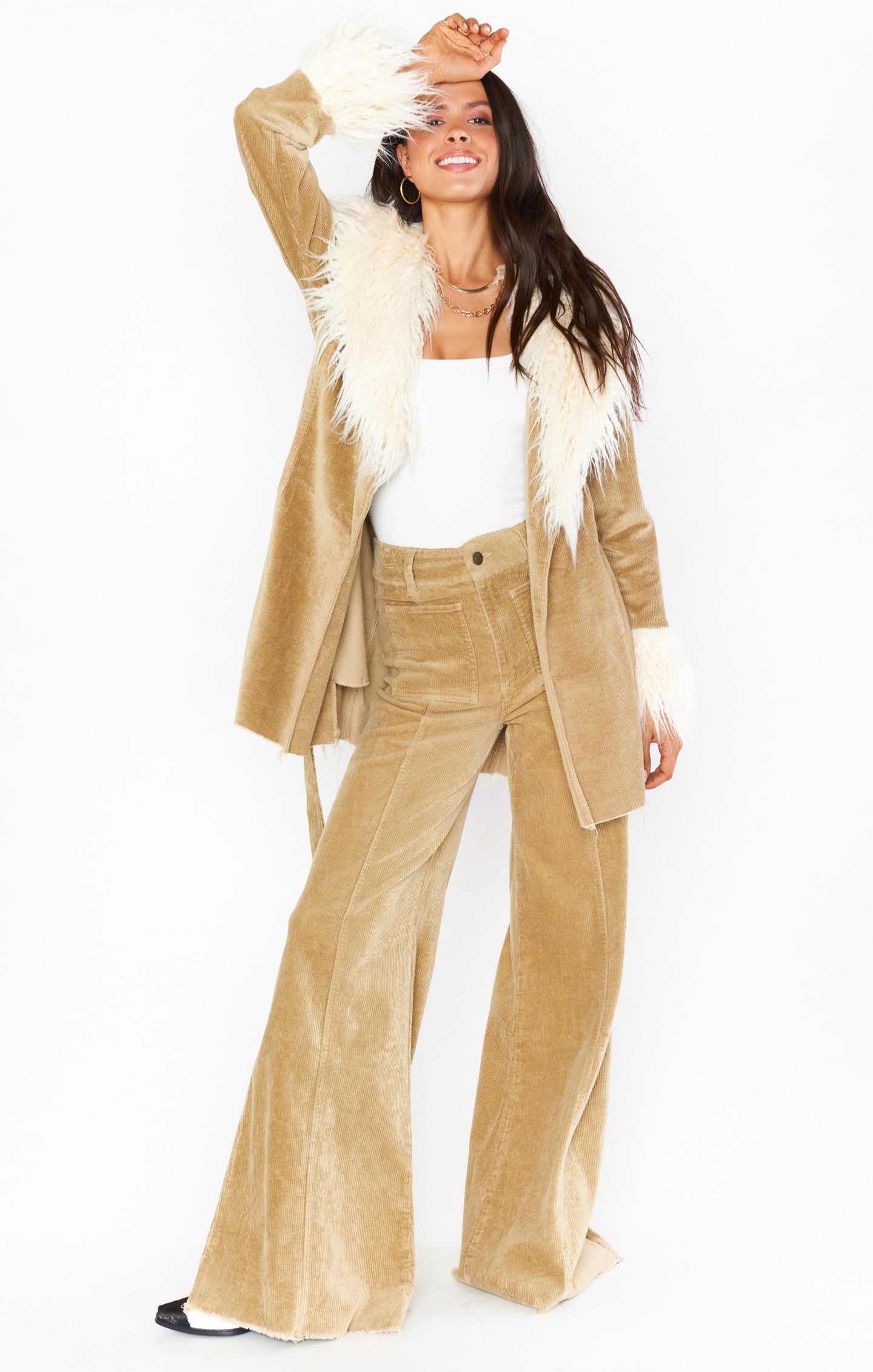 Beige Corduroy Coat with Faux Fur Collar | Penny Lane