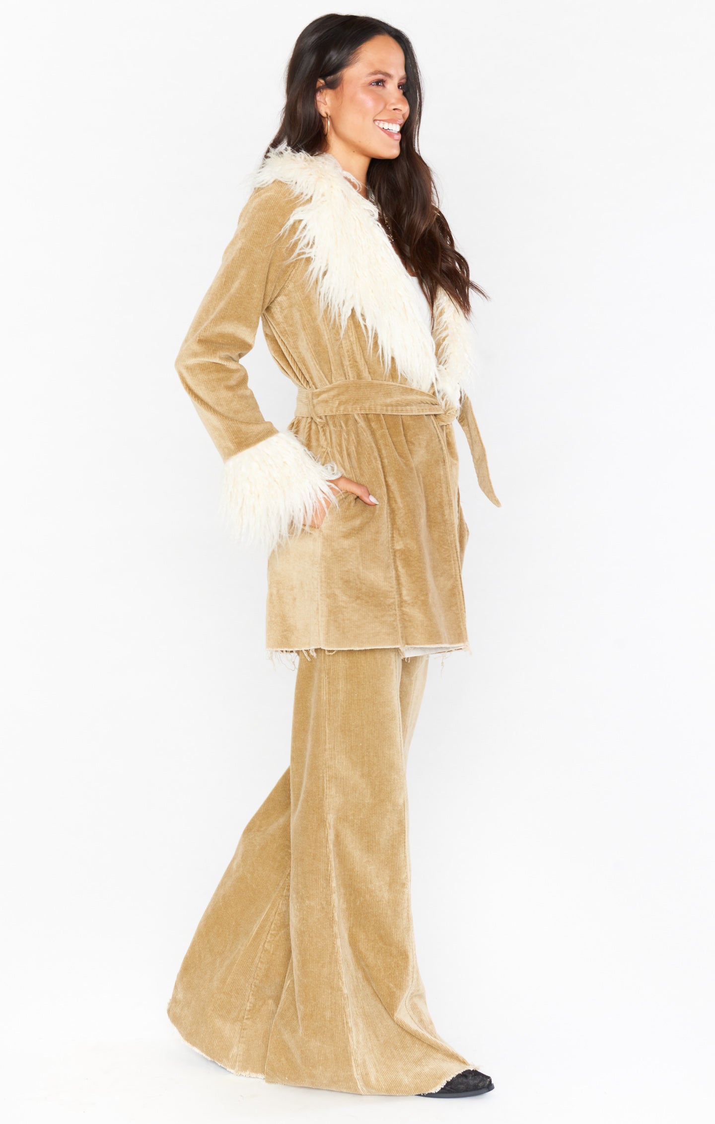 Beige Corduroy Coat with Faux Fur Collar | Penny Lane