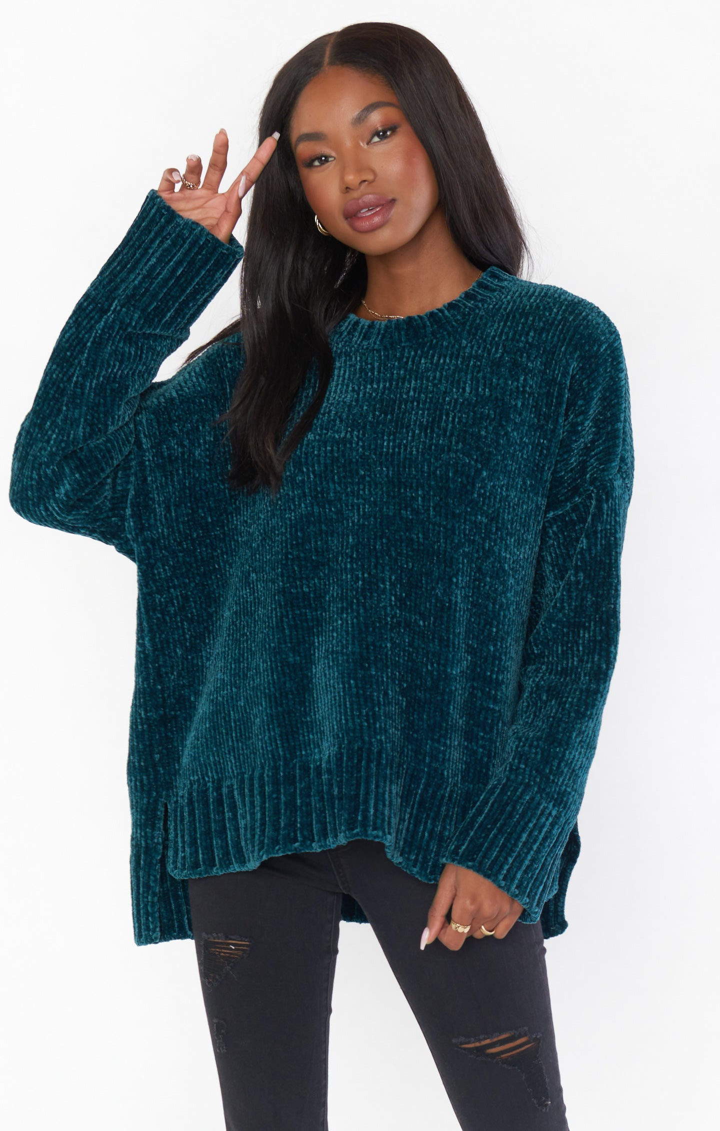 Chenille Knit Sweater in Deep Green with Dropped Shoulders | Jesse