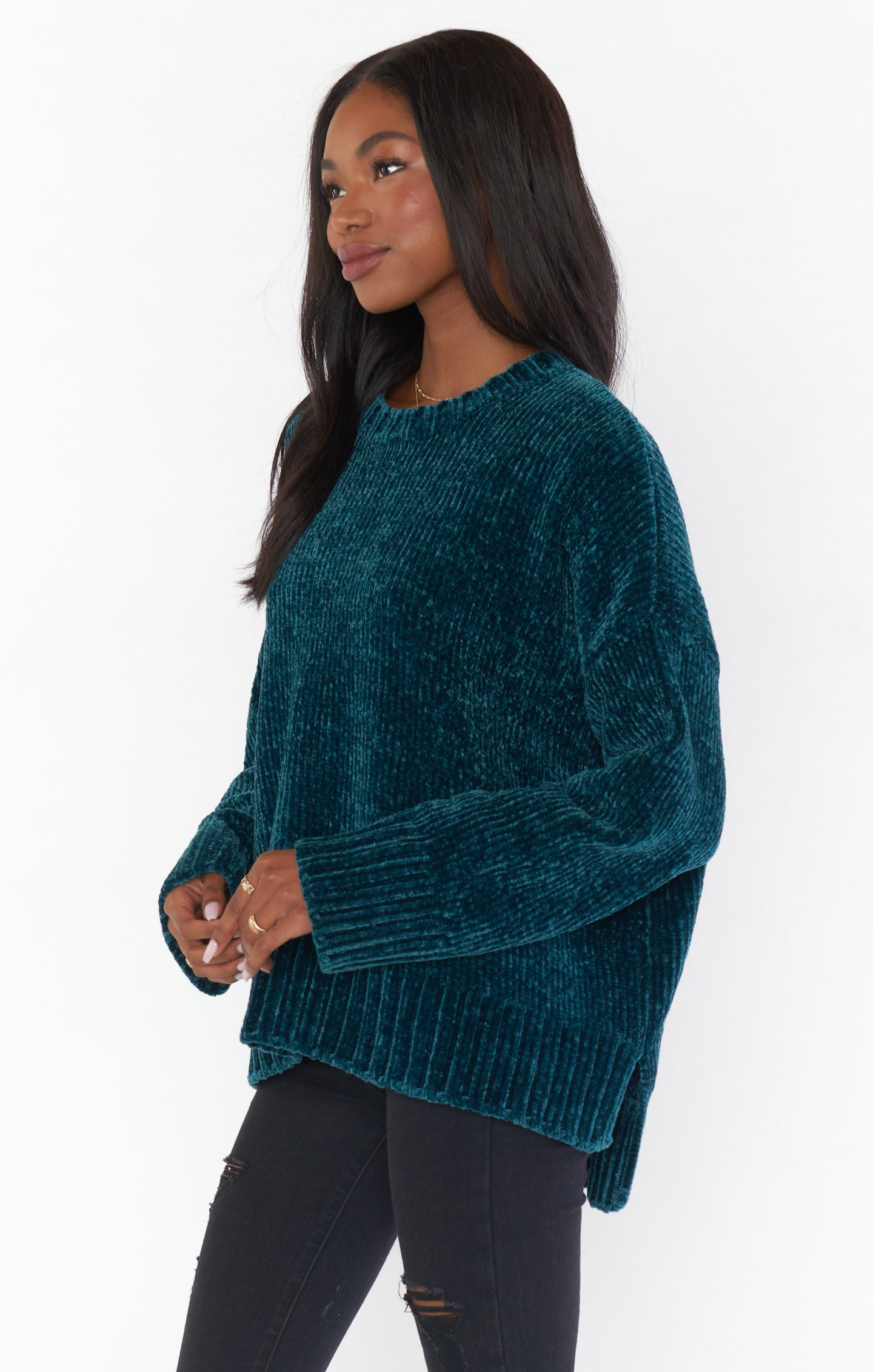 Chenille Knit Sweater in Deep Green with Dropped Shoulders | Jesse