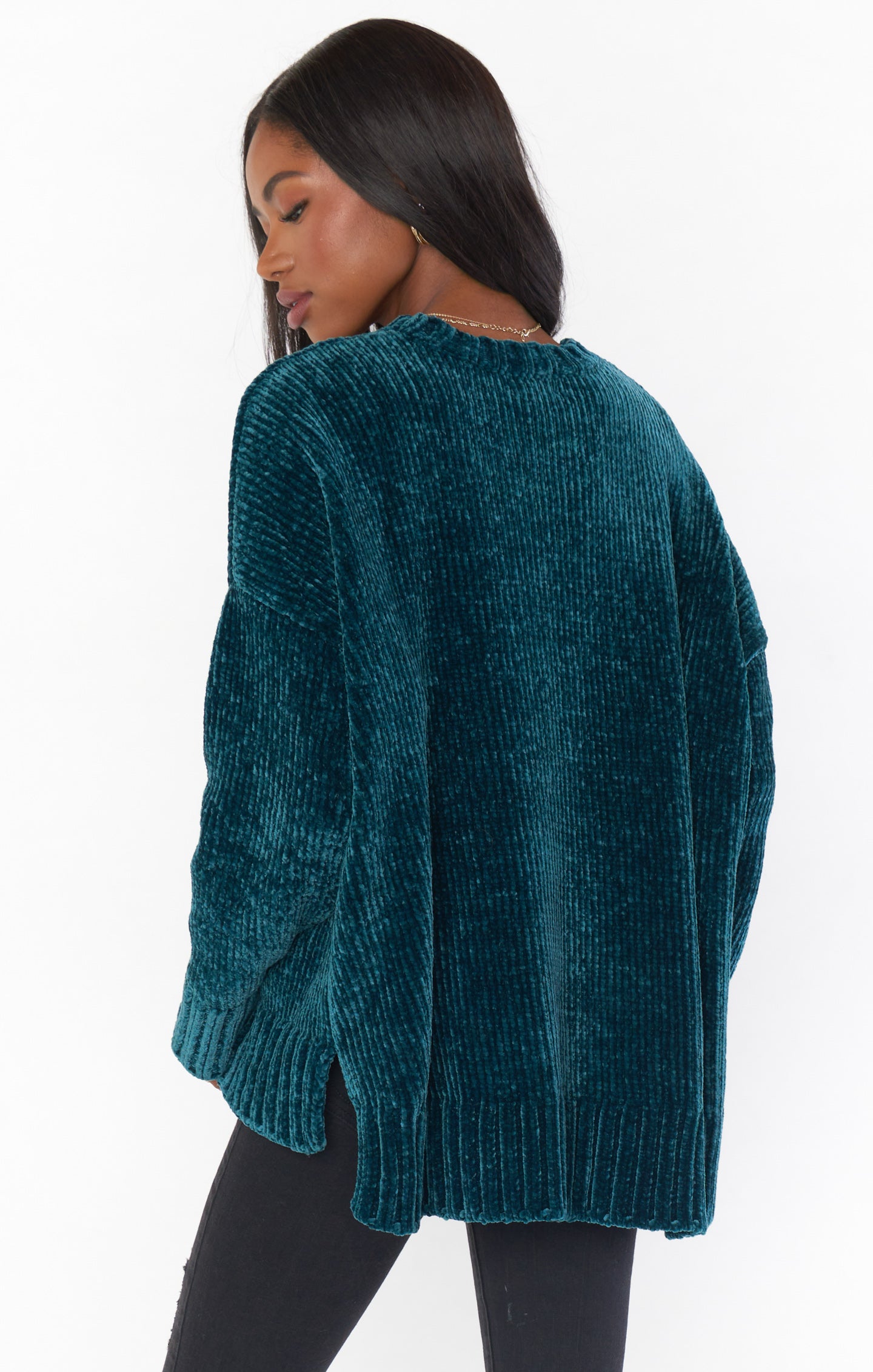 Chenille Knit Sweater in Deep Green with Dropped Shoulders | Jesse