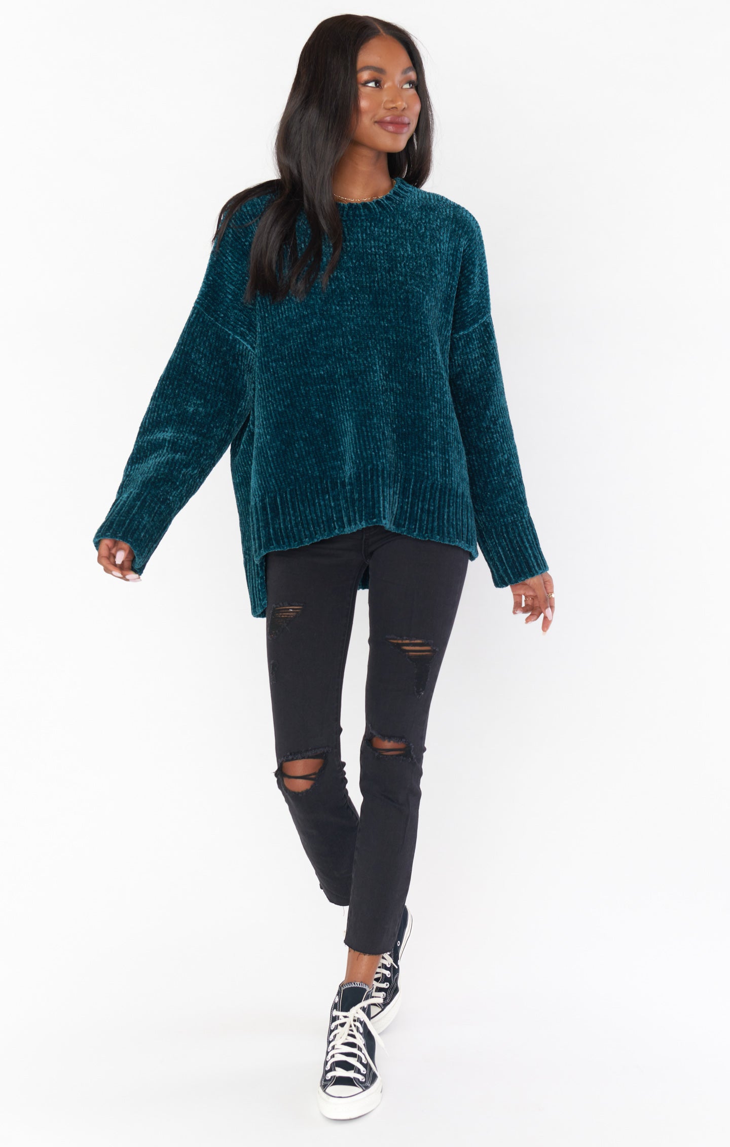 Chenille Knit Sweater in Deep Green with Dropped Shoulders | Jesse