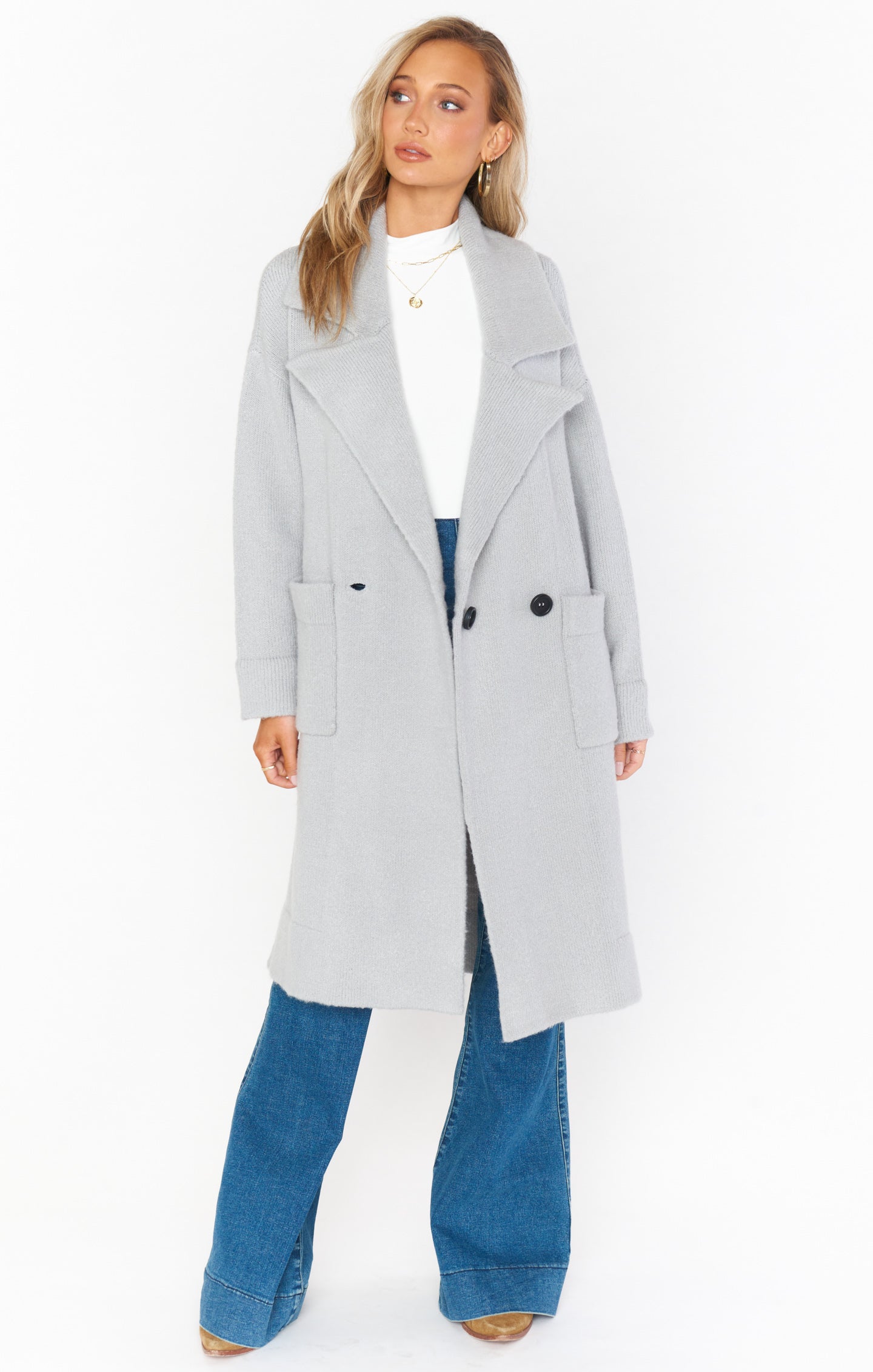 Grey Knit Sweater Jacket with Front Pockets | Melrose Style