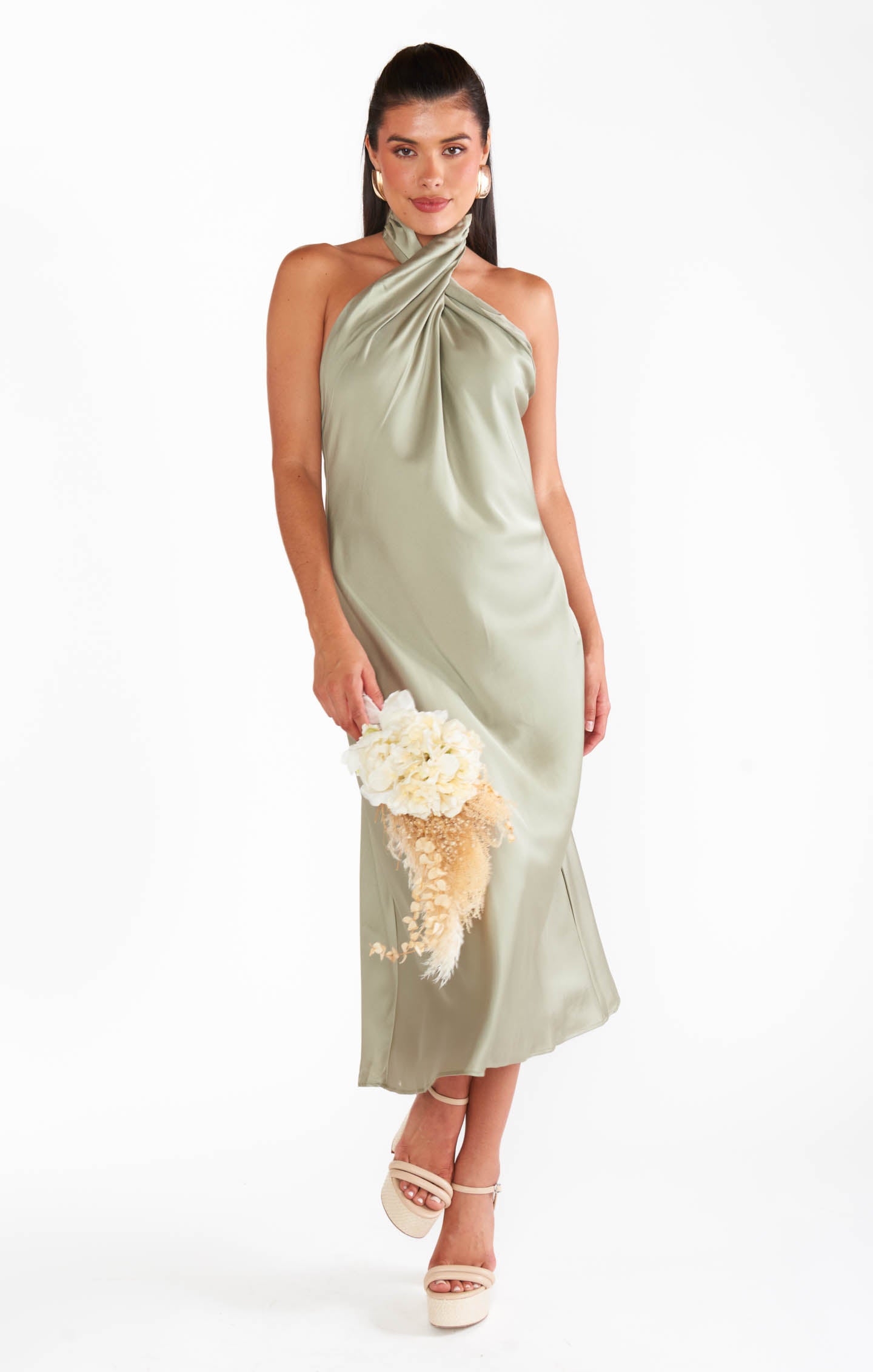 Jasmine Halter Midi Dress in Luxe Satin | Moss Green