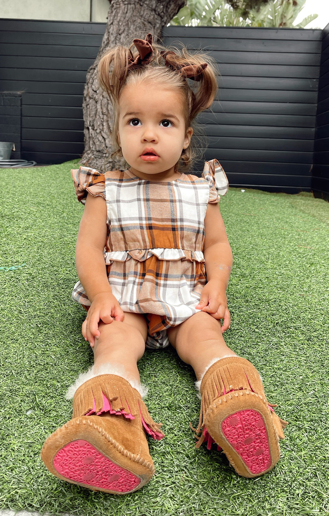 Tan Plaid Baby Romper with Ruffles & Snaps | Soutas Onesie