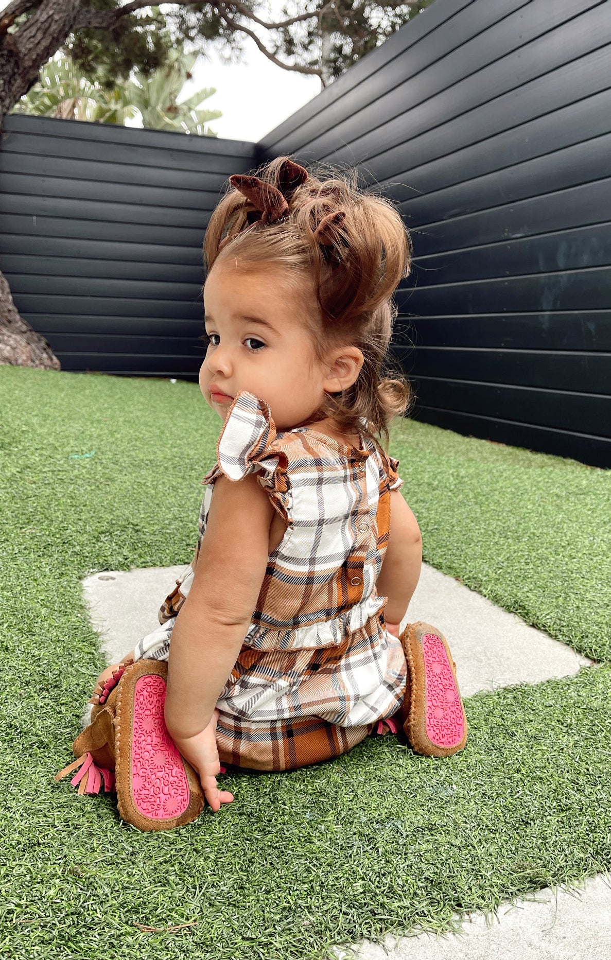 Tan Plaid Baby Romper with Ruffles & Snaps | Soutas Onesie