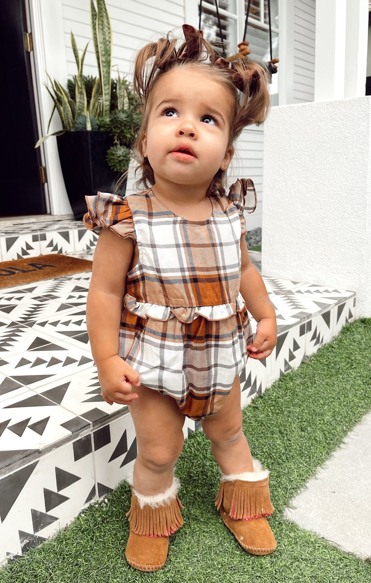 Tan Plaid Baby Romper with Ruffles & Snaps | Soutas Onesie
