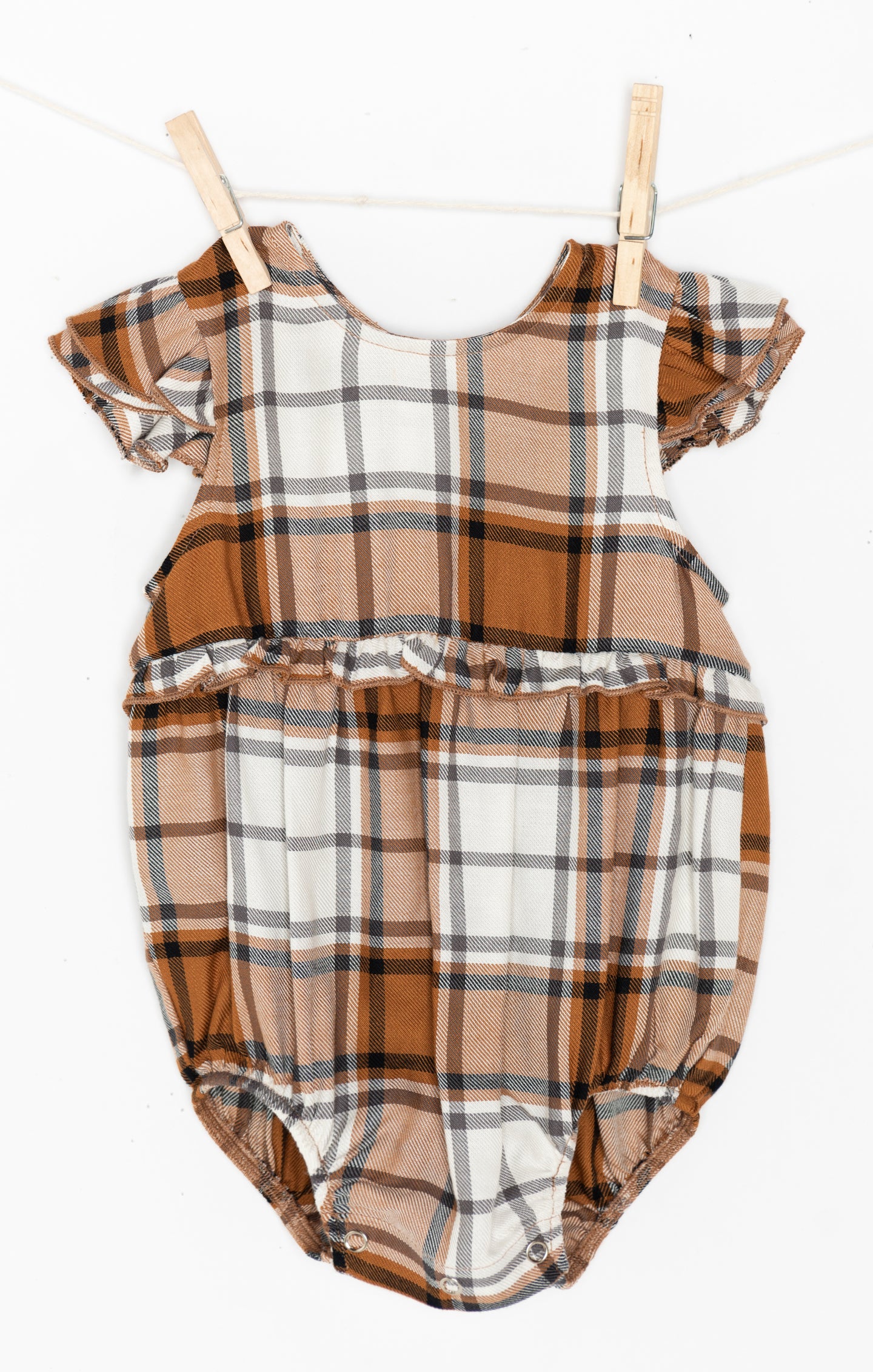 Tan Plaid Baby Romper with Ruffles & Snaps | Soutas Onesie