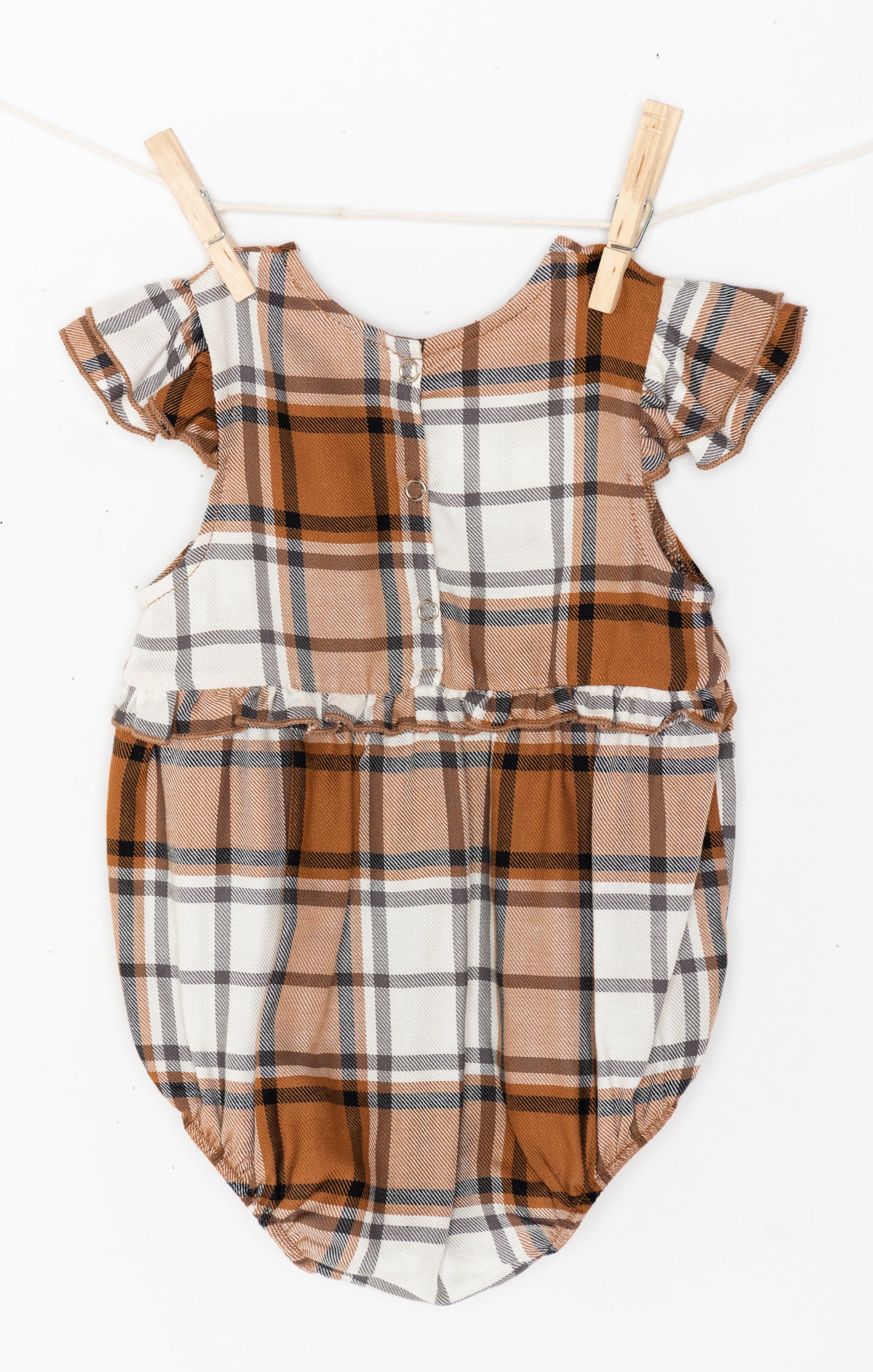 Tan Plaid Baby Romper with Ruffles & Snaps | Soutas Onesie