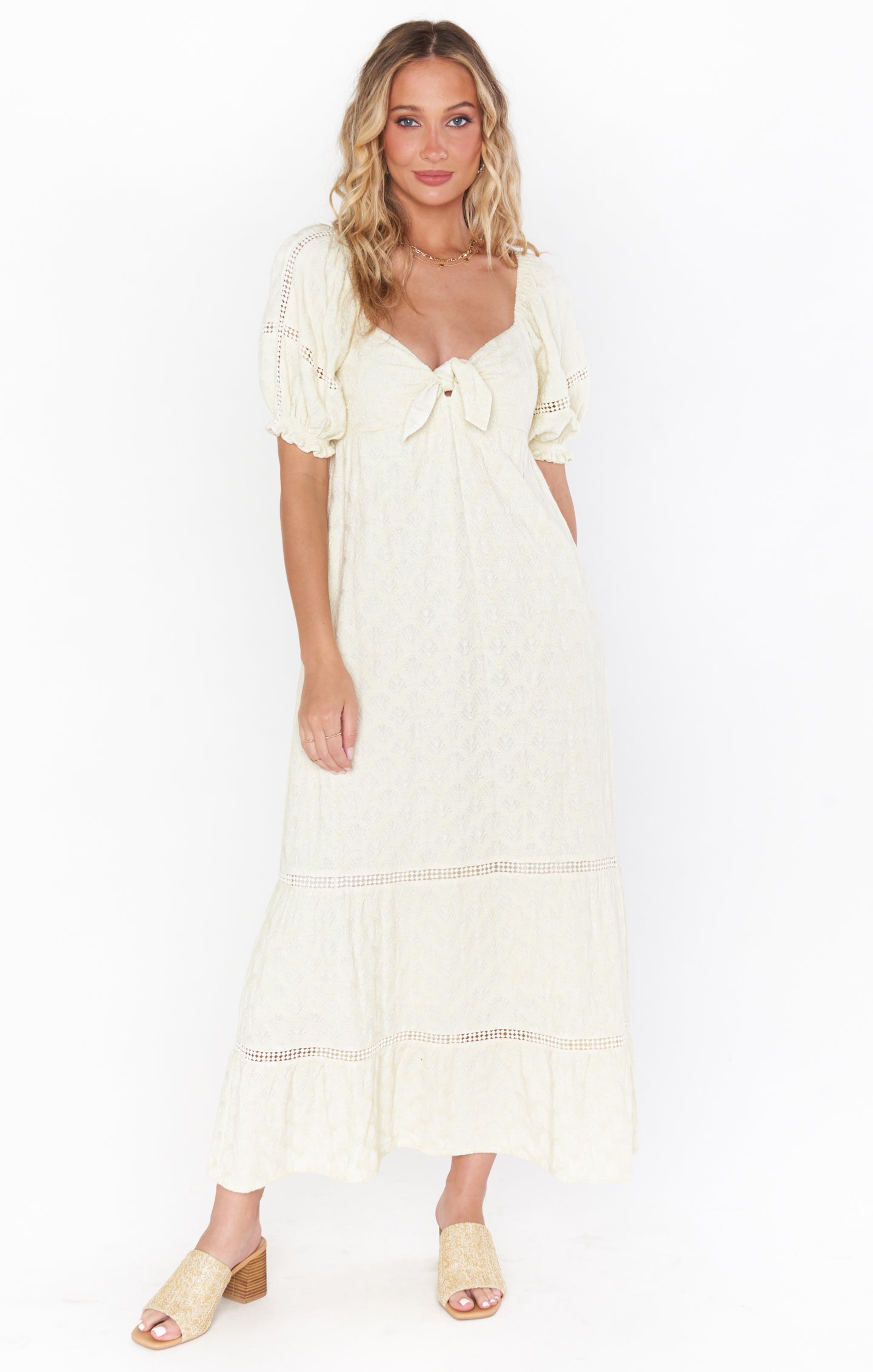 Boho Jacquard Midi Dress with Puff Sleeves & Smocked Back | Zen