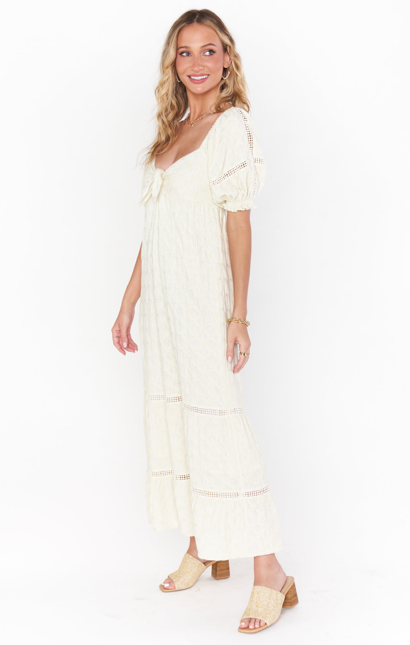 Boho Jacquard Midi Dress with Puff Sleeves & Smocked Back | Zen