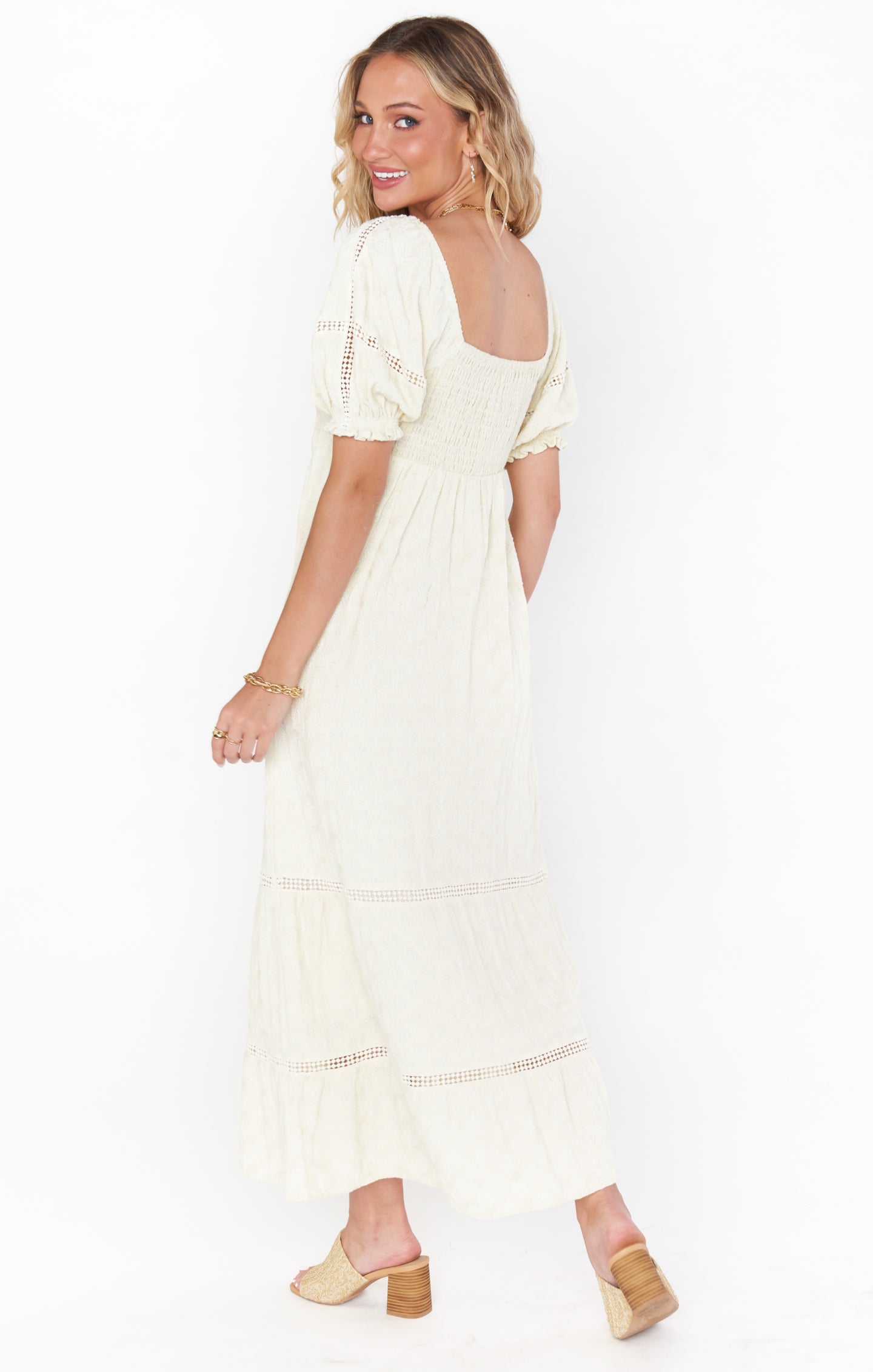 Boho Jacquard Midi Dress with Puff Sleeves & Smocked Back | Zen