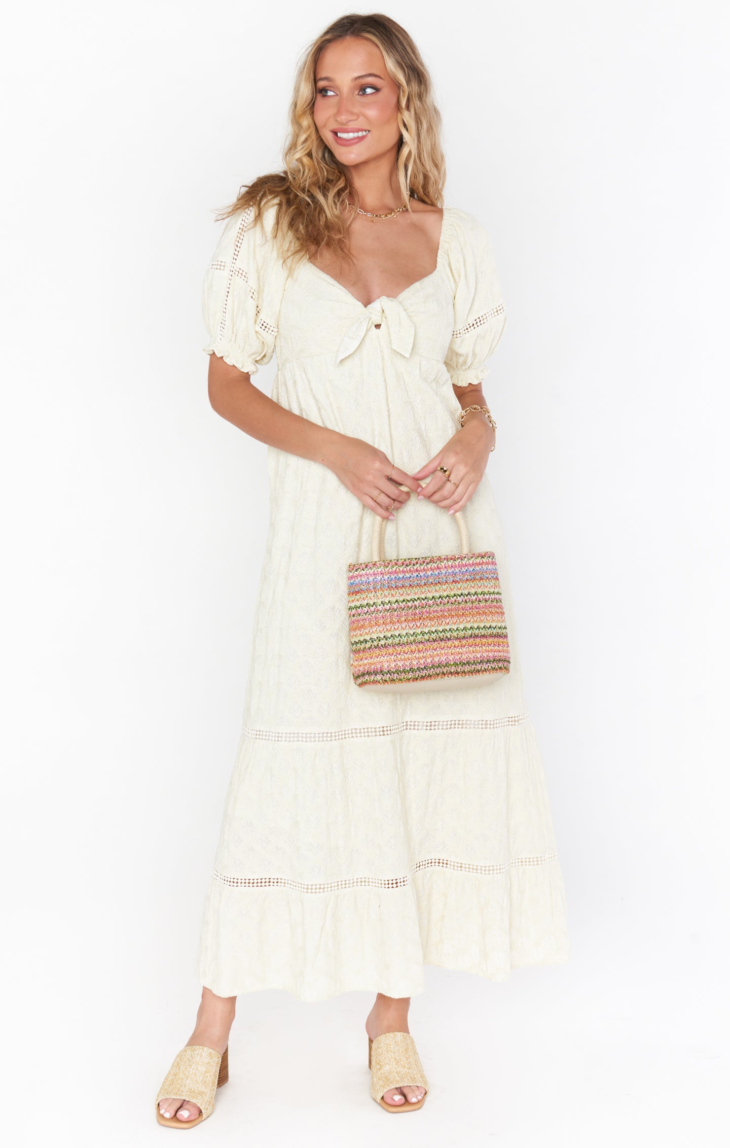 Boho Jacquard Midi Dress with Puff Sleeves & Smocked Back | Zen