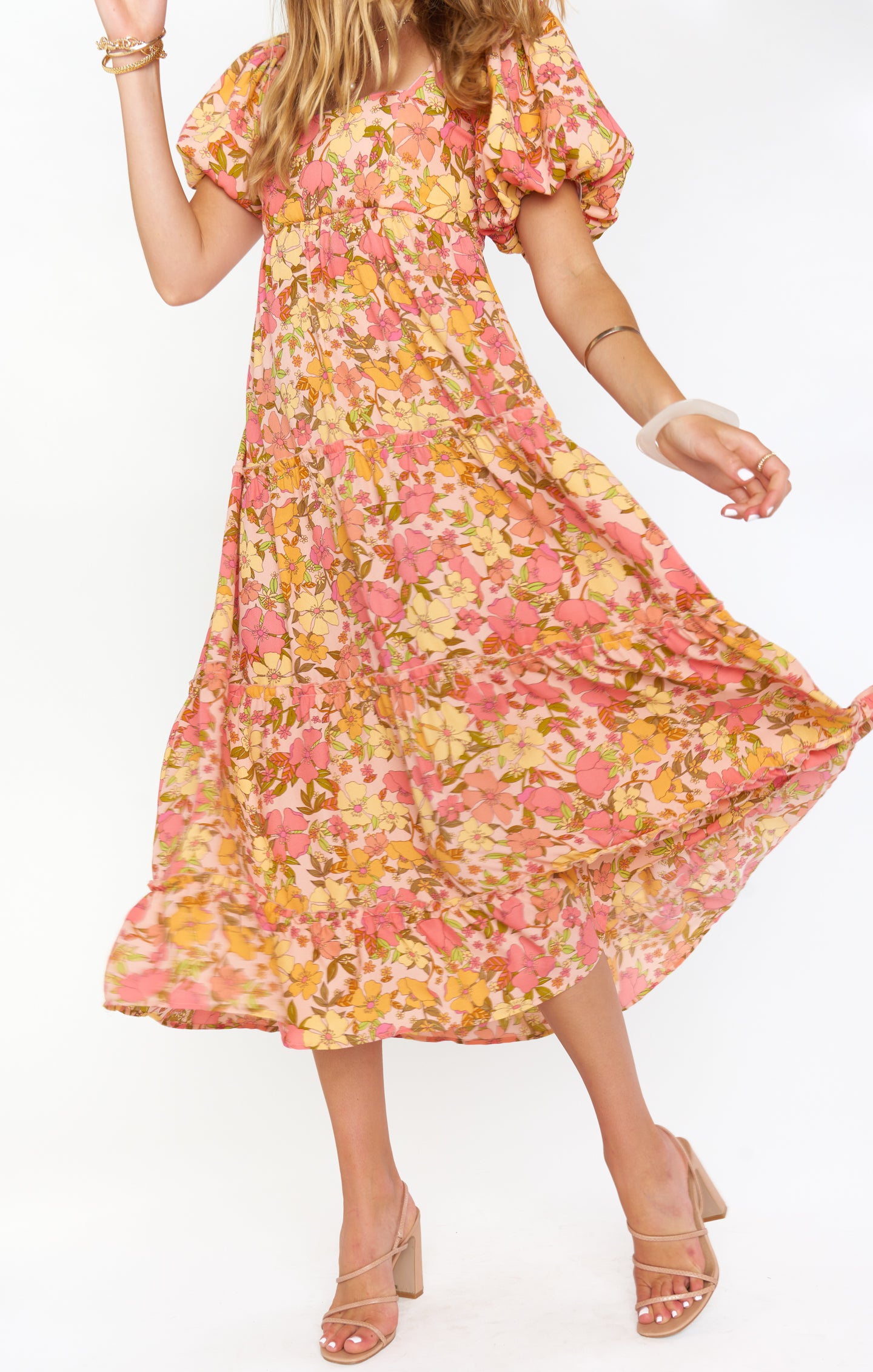 Floral Midi Dress with Square Neck & Smocked Back | Linds