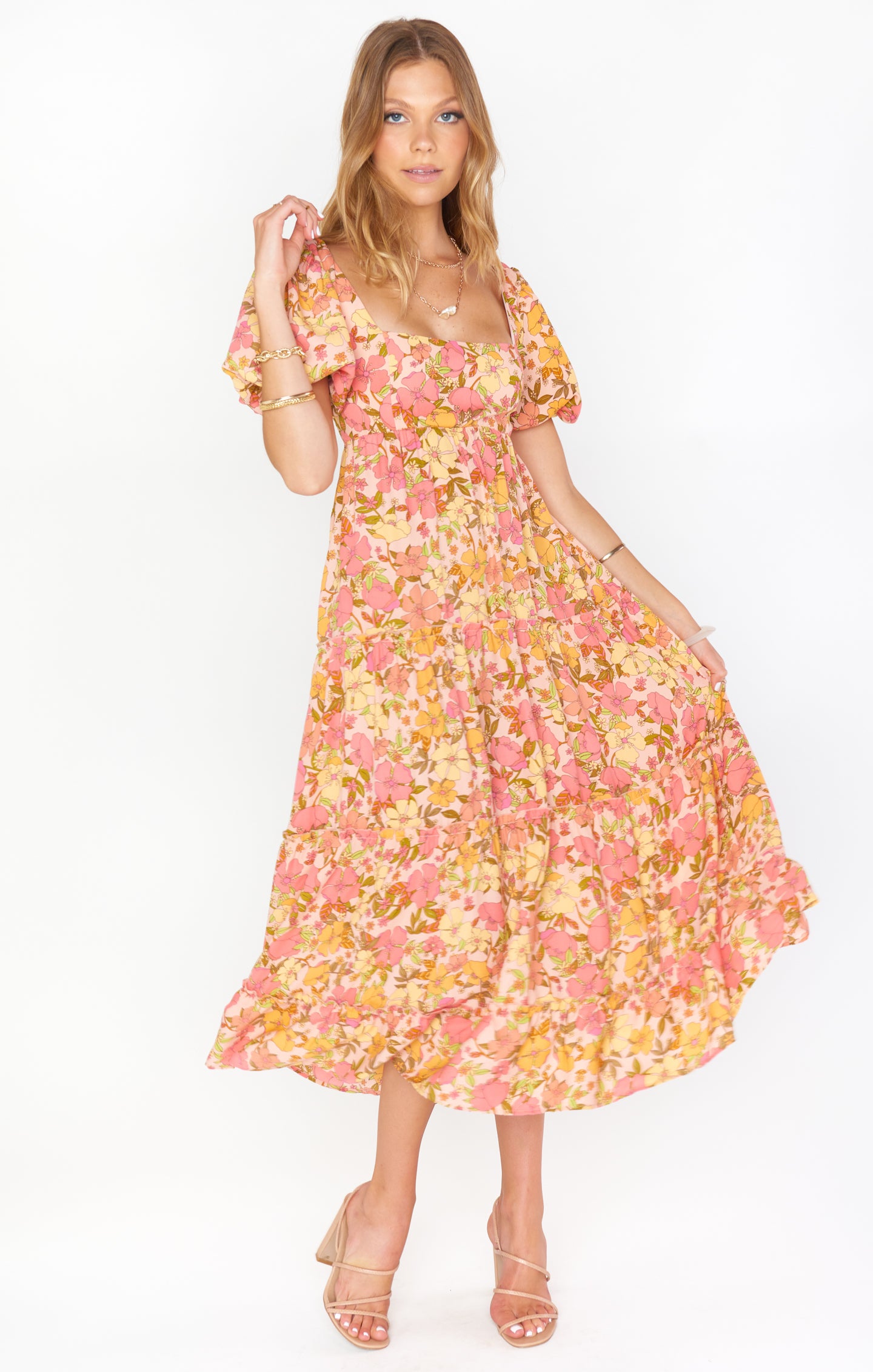 Floral Midi Dress with Square Neck & Smocked Back | Linds