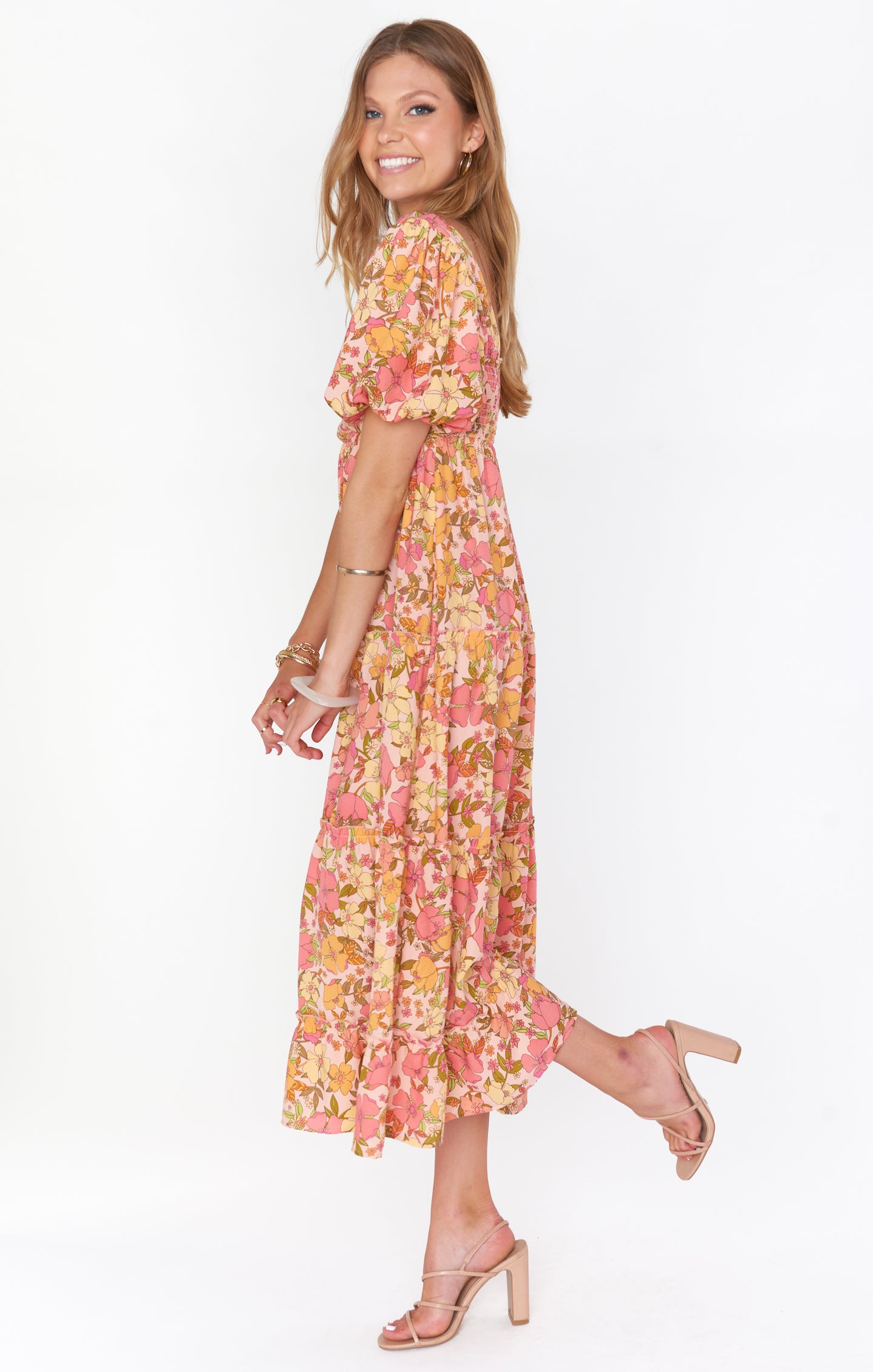 Floral Midi Dress with Square Neck & Smocked Back | Linds