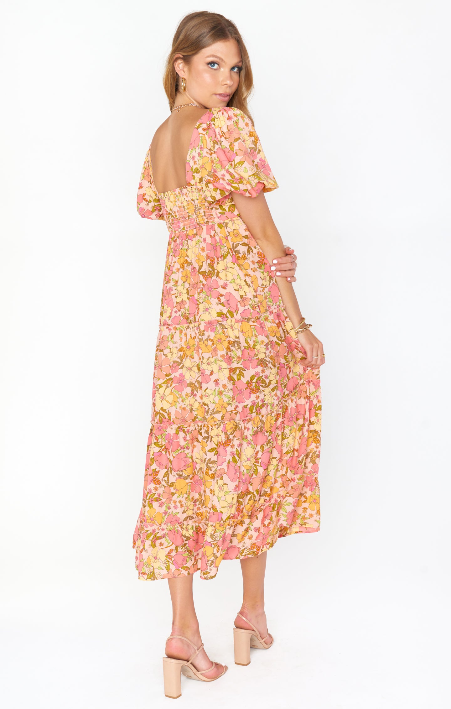Floral Midi Dress with Square Neck & Smocked Back | Linds