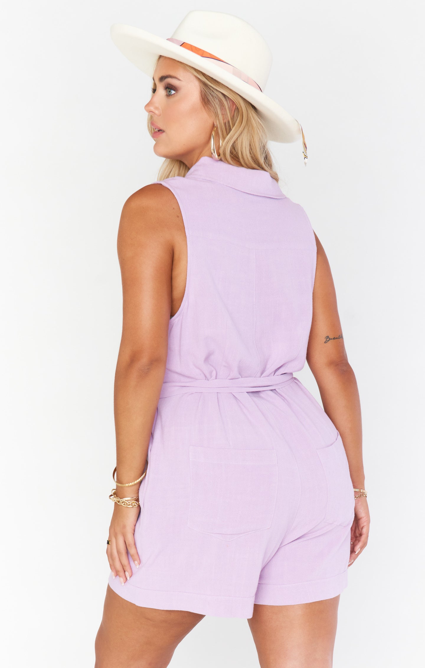 Lilac Linen Romper with Thick Straps & Tie Waist | Milano